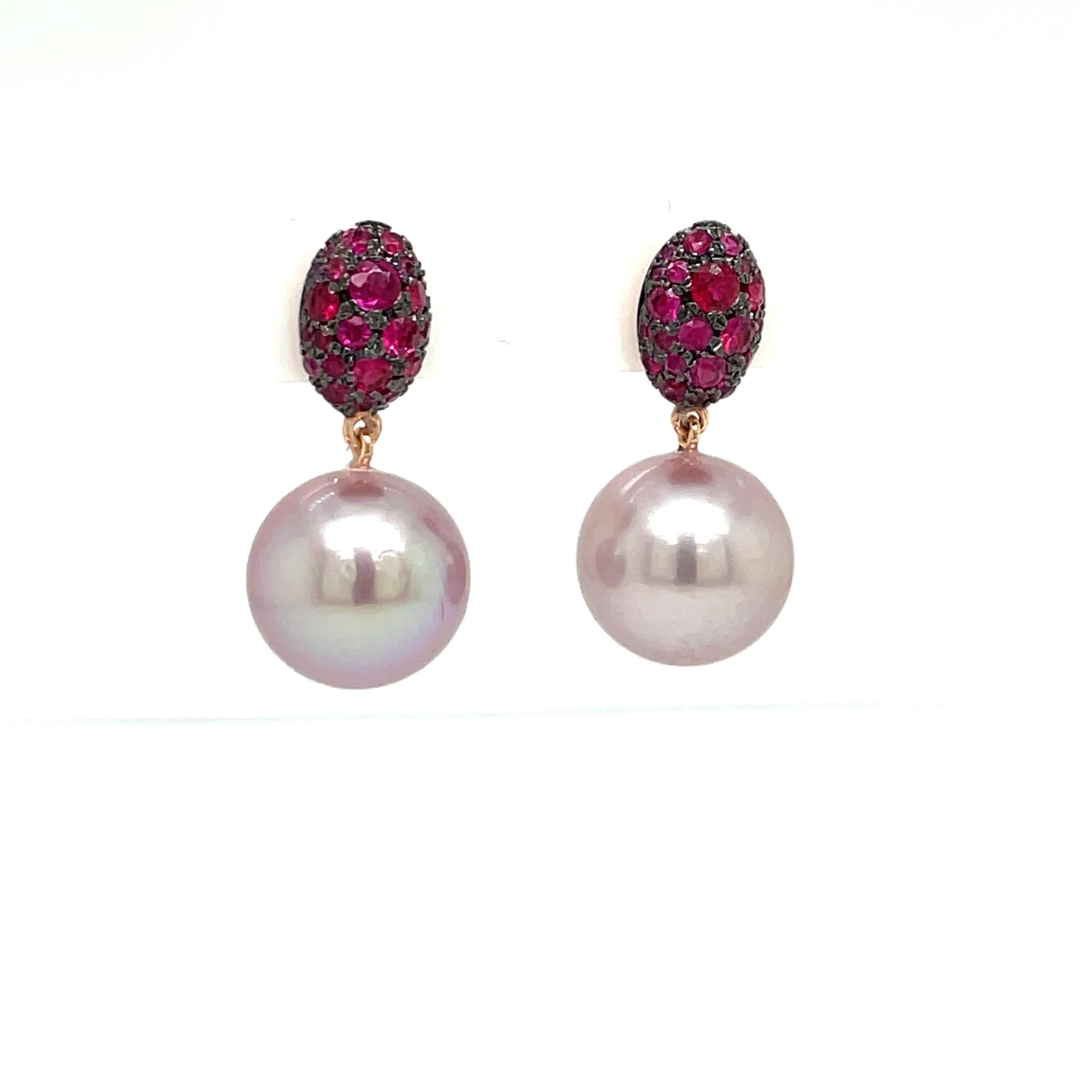 Women's 18 Karat Rose Gold Ruby Fresh Water Pearl Drop Earrings 0.92 Carats