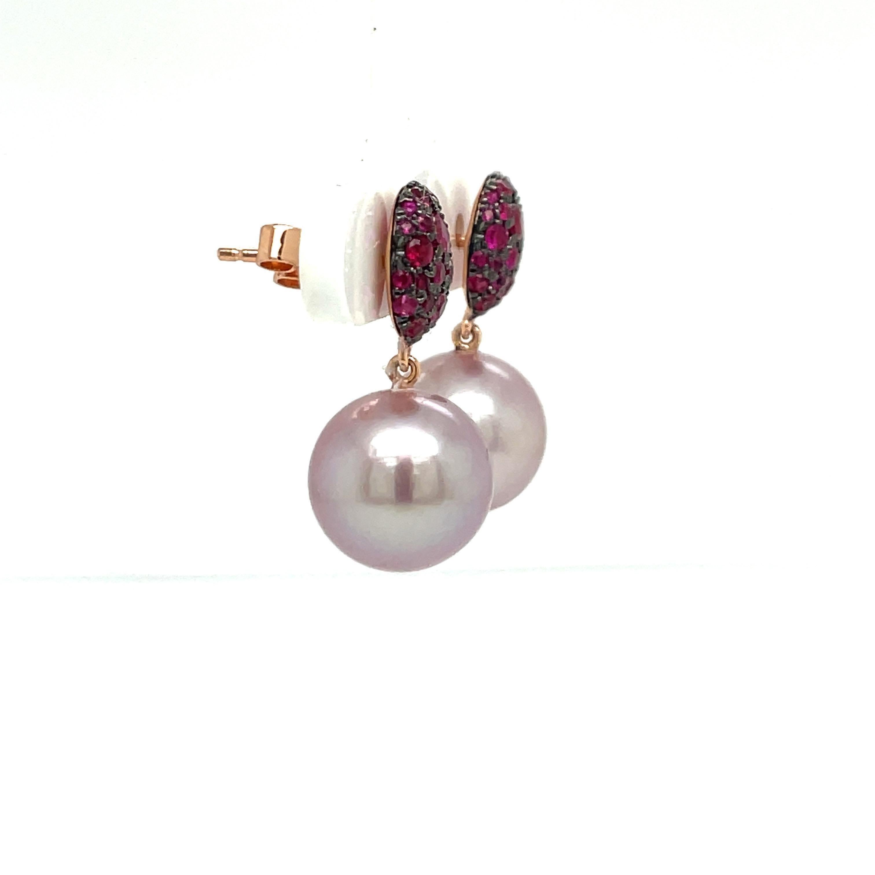 18 Karat Rose Gold Ruby Fresh Water Pearl Drop Earrings 0.92 Carats 1