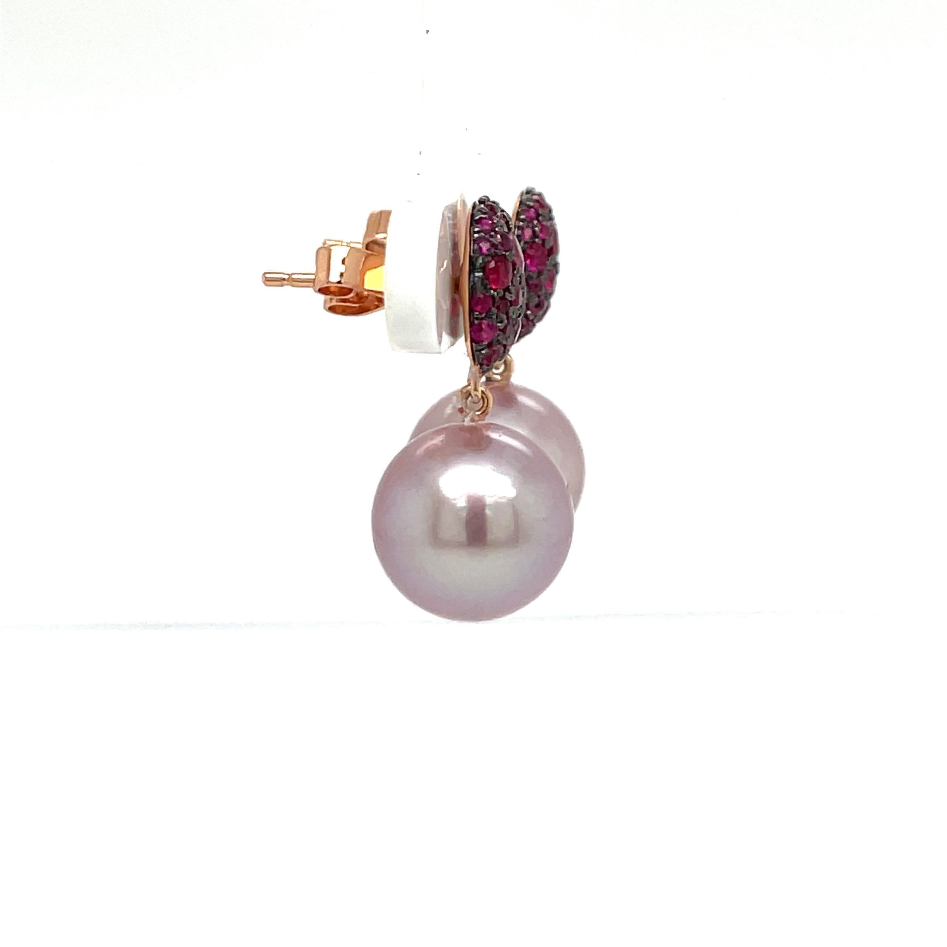 18 Karat Rose Gold Ruby Fresh Water Pearl Drop Earrings 0.92 Carats 3
