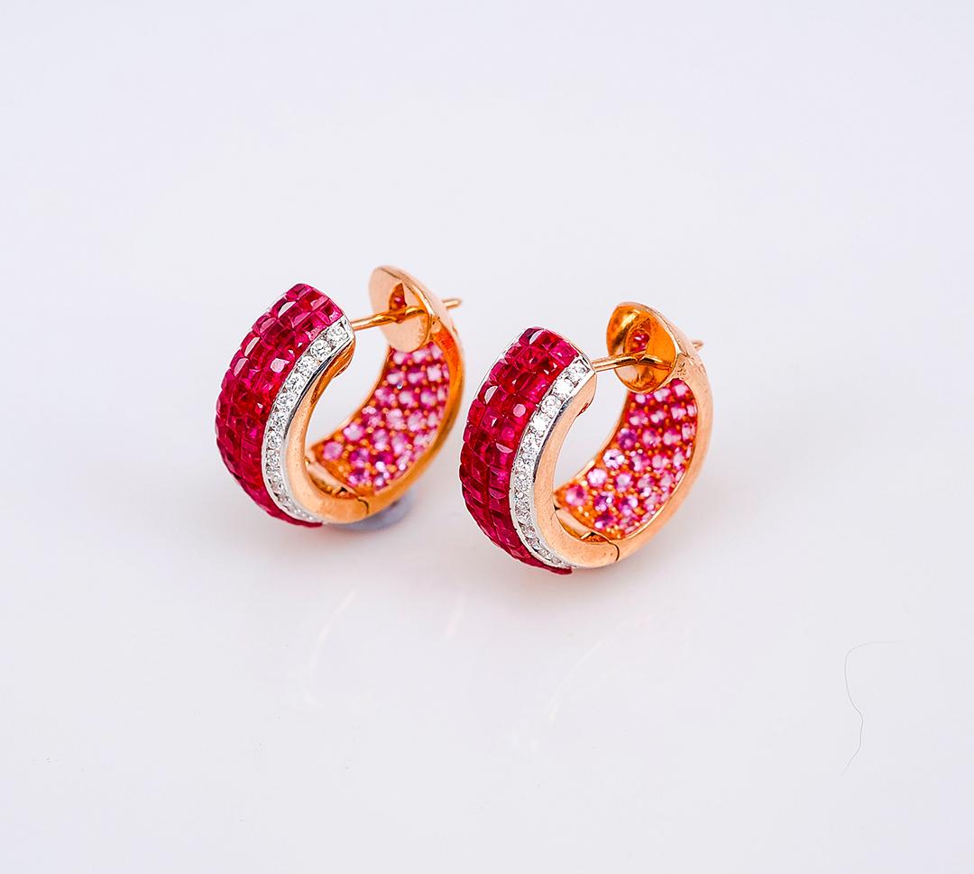 This hoop earrings we are special design .The outside we use invisible setting of deep red ruby and we also put the light pink round sapphire inside the hoop too. It is very in detail and delicate workmanship. All the back we open B net so the stone