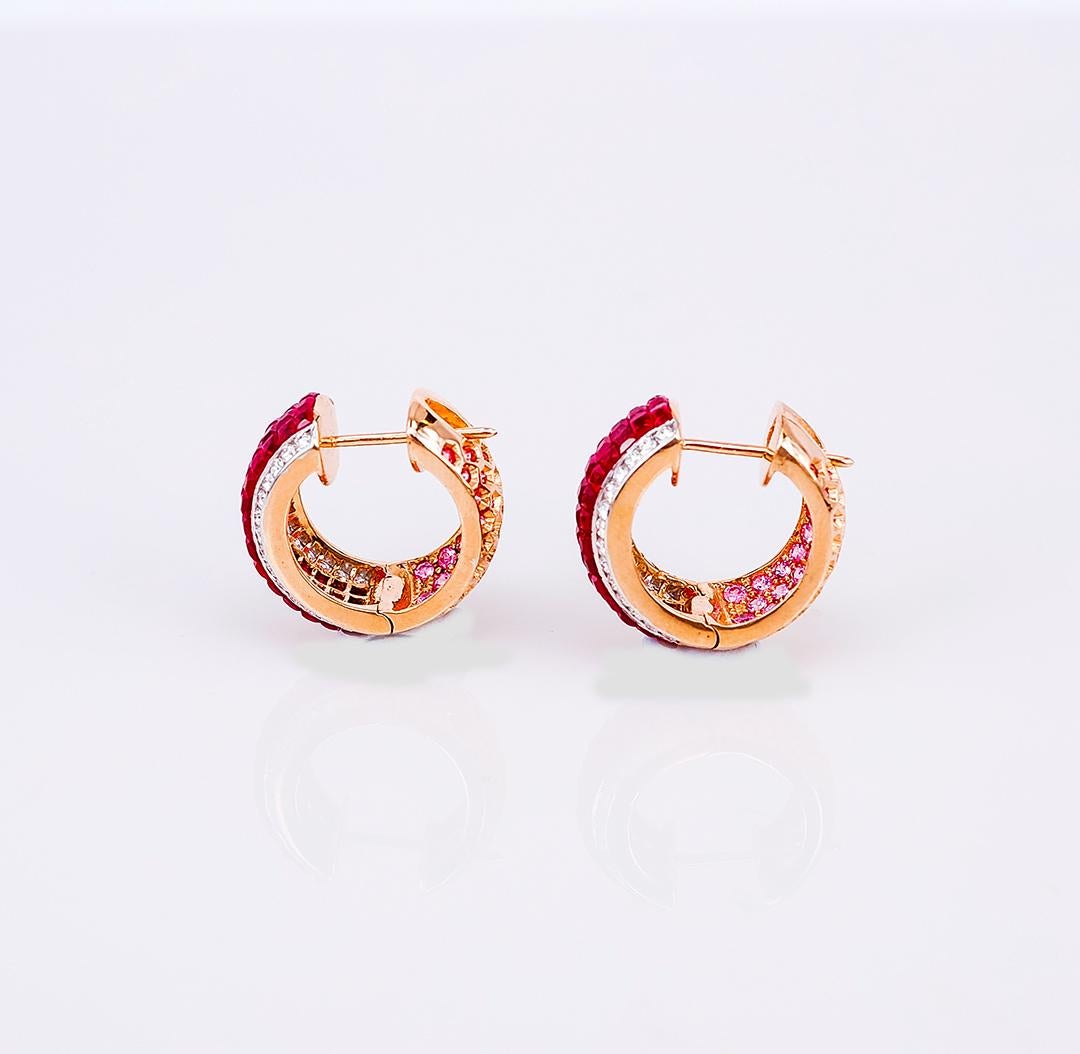 Round Cut 18 Karat Rose Gold Ruby Hoop Earrings For Sale