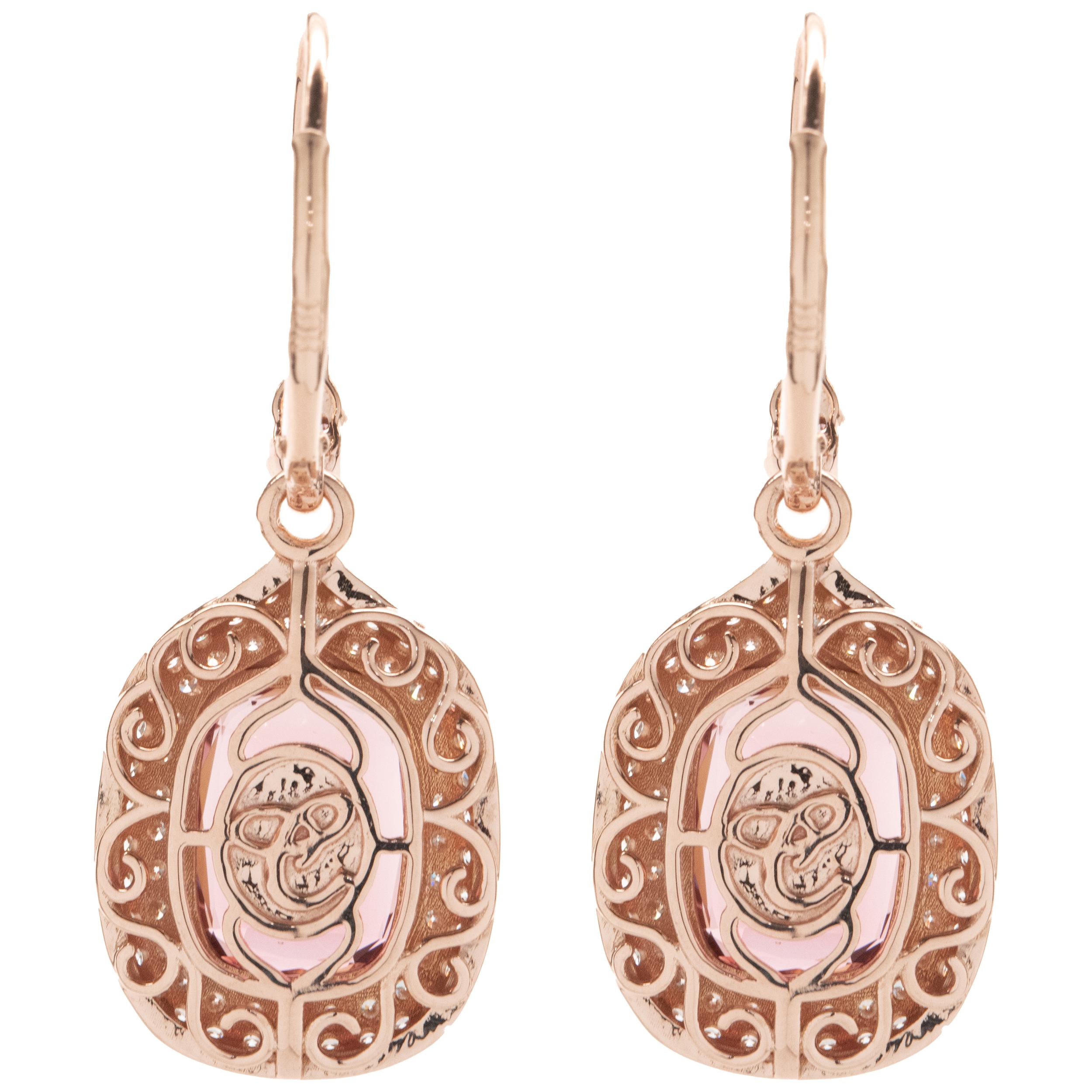 Designer: custom
Material: 18K rose gold
Diamond: 126 round brilliant cut  = 1.34cttw
Color: G
Clarity: VS2
Tourmaline: 2 cushion cut = 8.50cttw 
Dimensions: earrings measure 37.5mm in length
Fastenings: lever backs
Weight: 9.17 grams