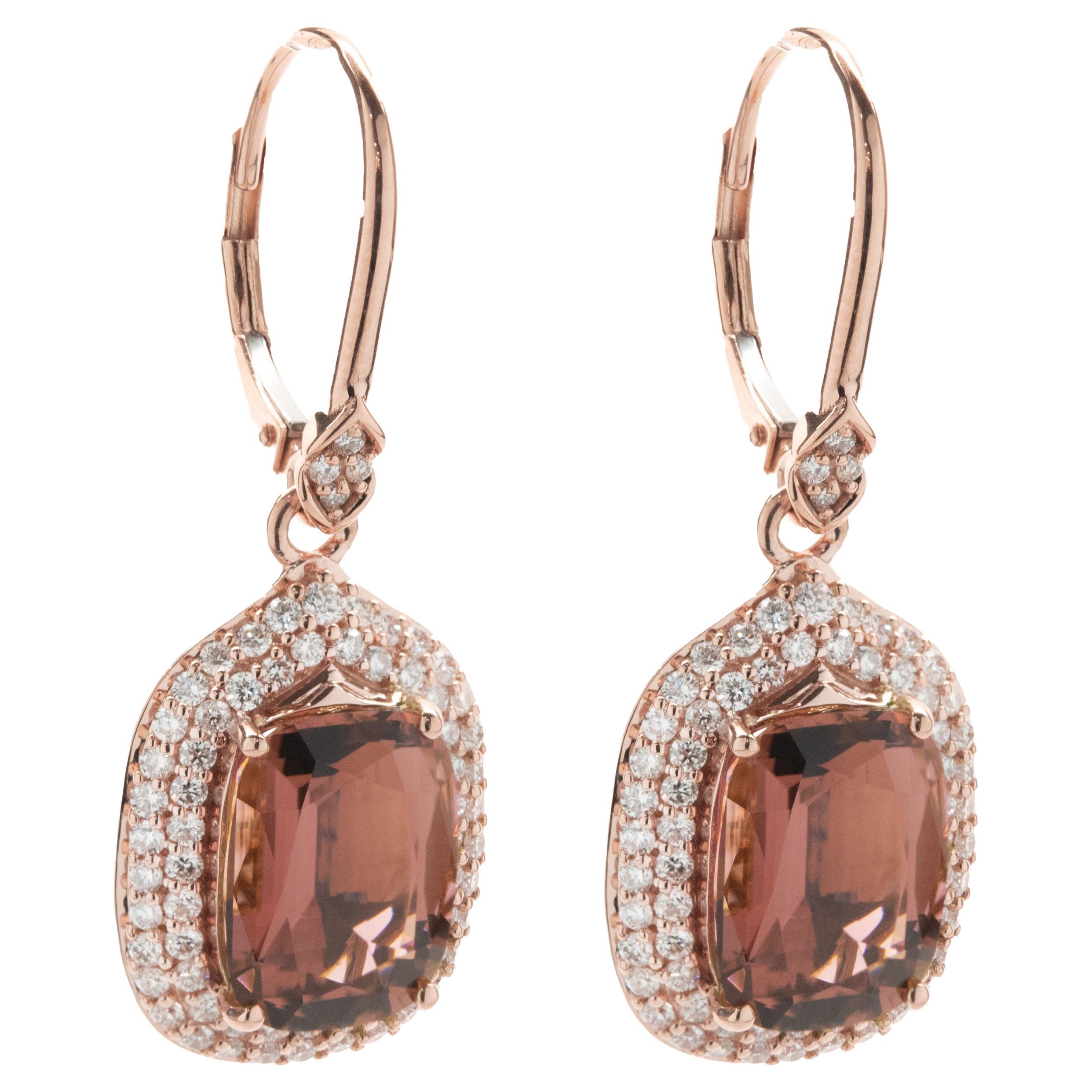 18 Karat Rose Gold Salmon Tourmaline and Diamond Drop Earrings For Sale