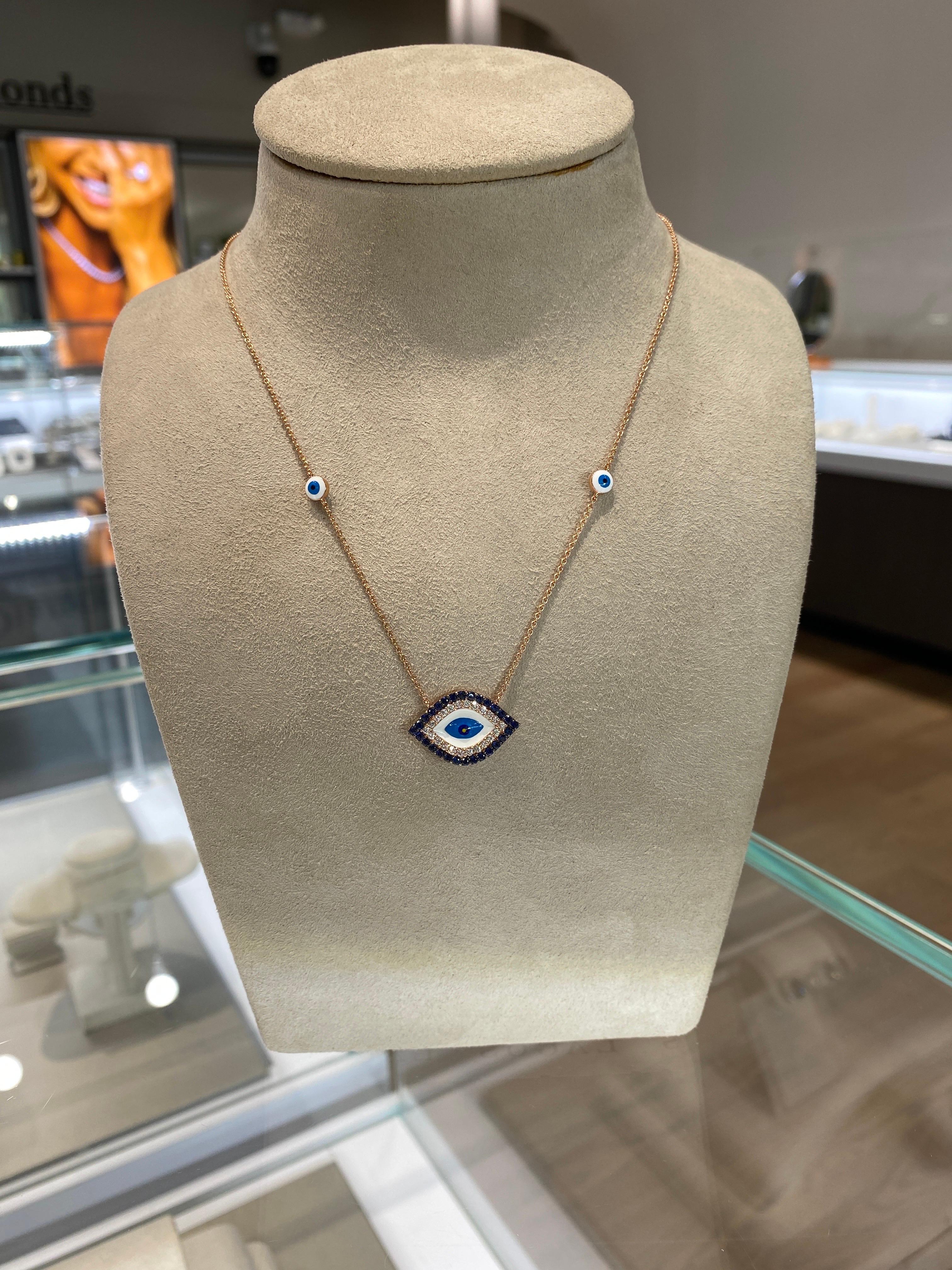 18 Karat Rose Gold Sapphire & Diamond Evil Eye Pendant Necklace 5