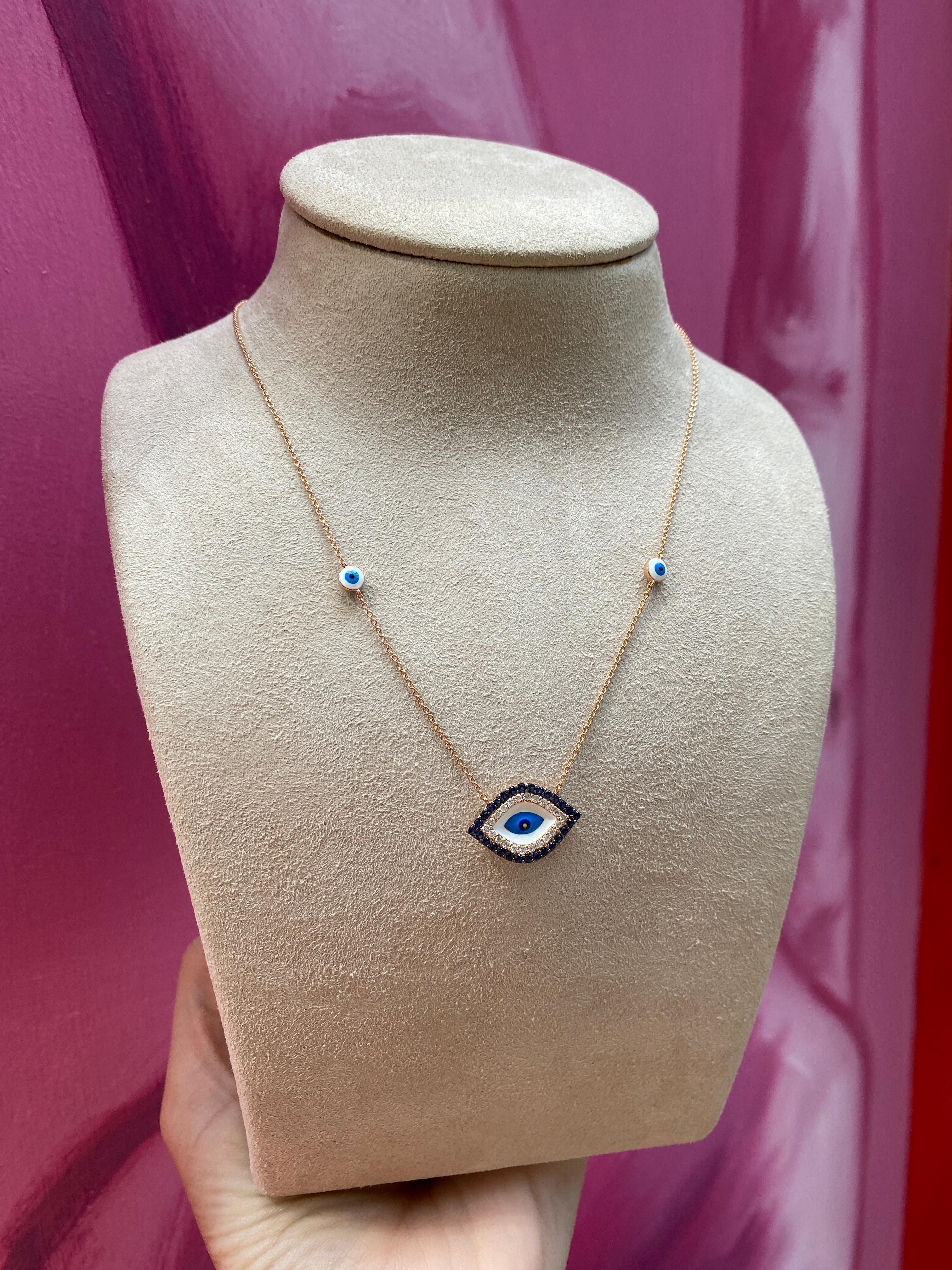 Round Cut 18 Karat Rose Gold Sapphire & Diamond Evil Eye Pendant Necklace