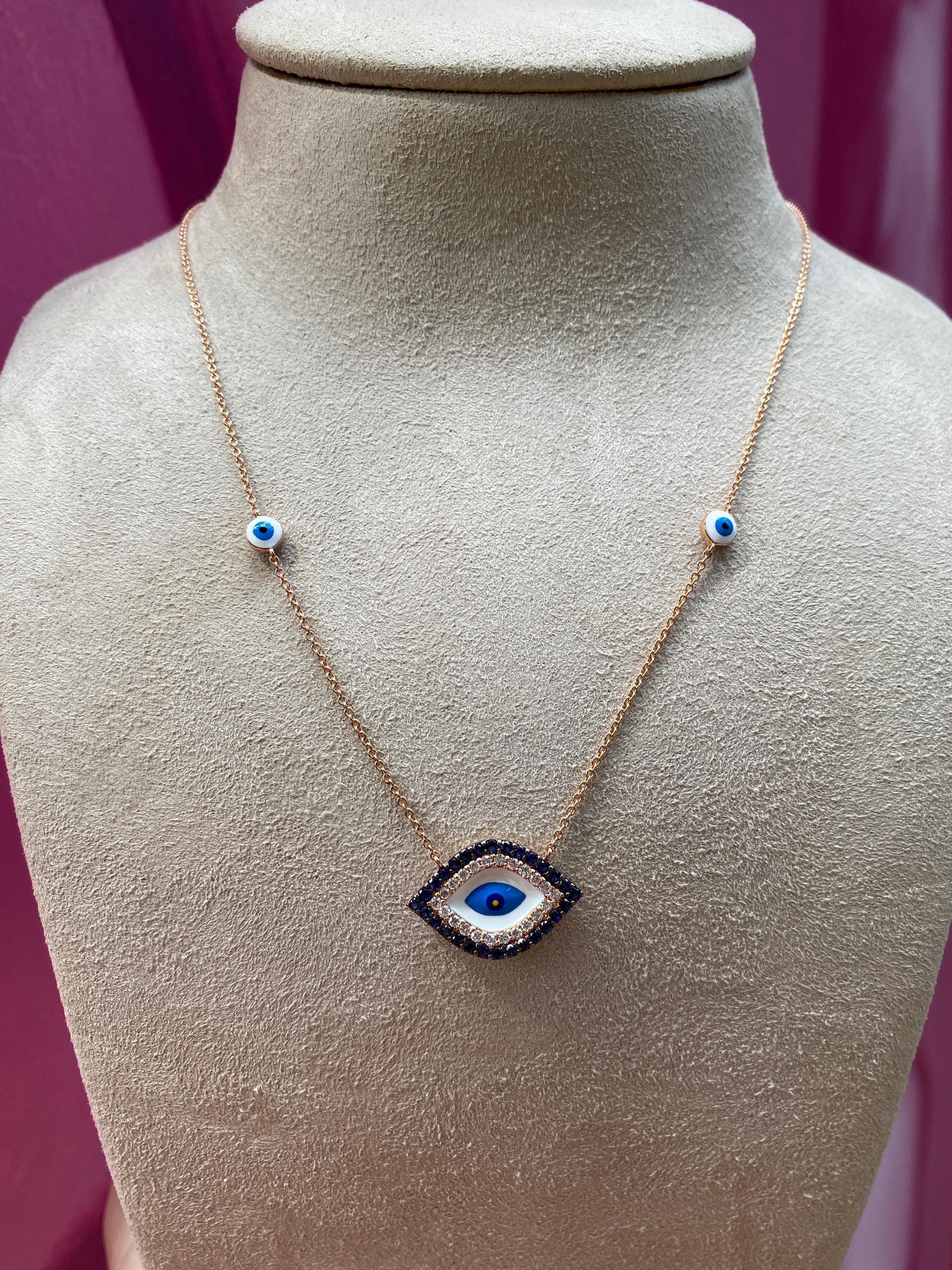 18 Karat Rose Gold Sapphire & Diamond Evil Eye Pendant Necklace In New Condition In Houston, TX