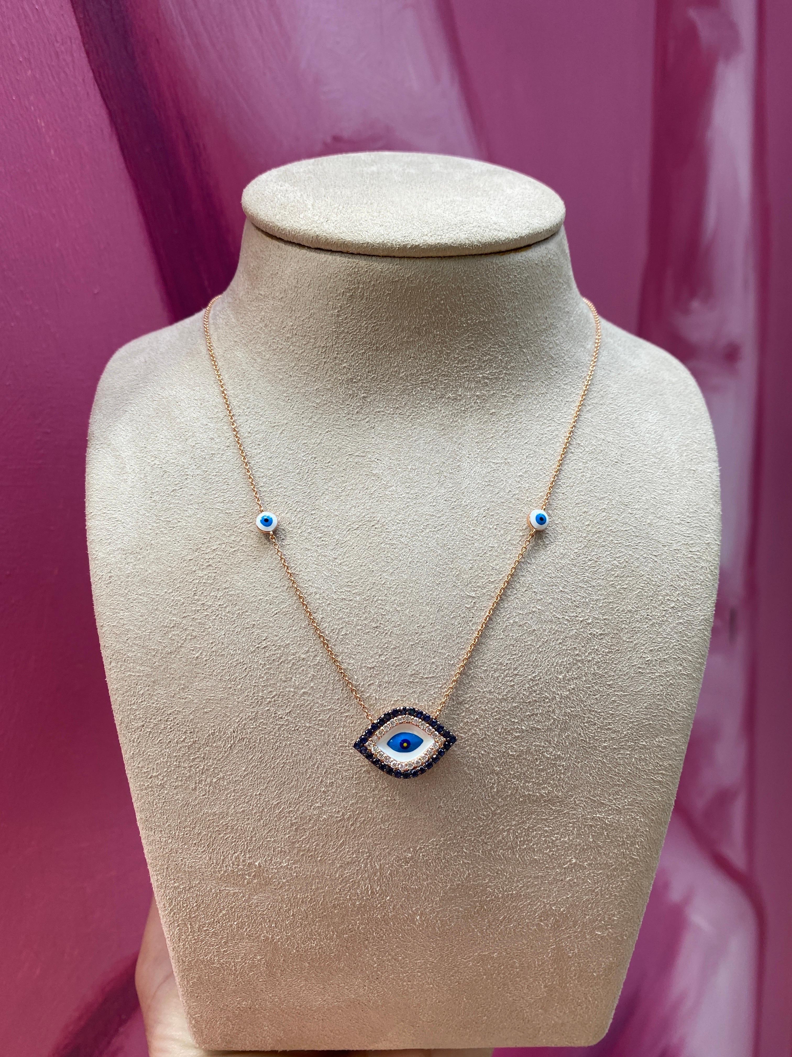 Women's or Men's 18 Karat Rose Gold Sapphire & Diamond Evil Eye Pendant Necklace