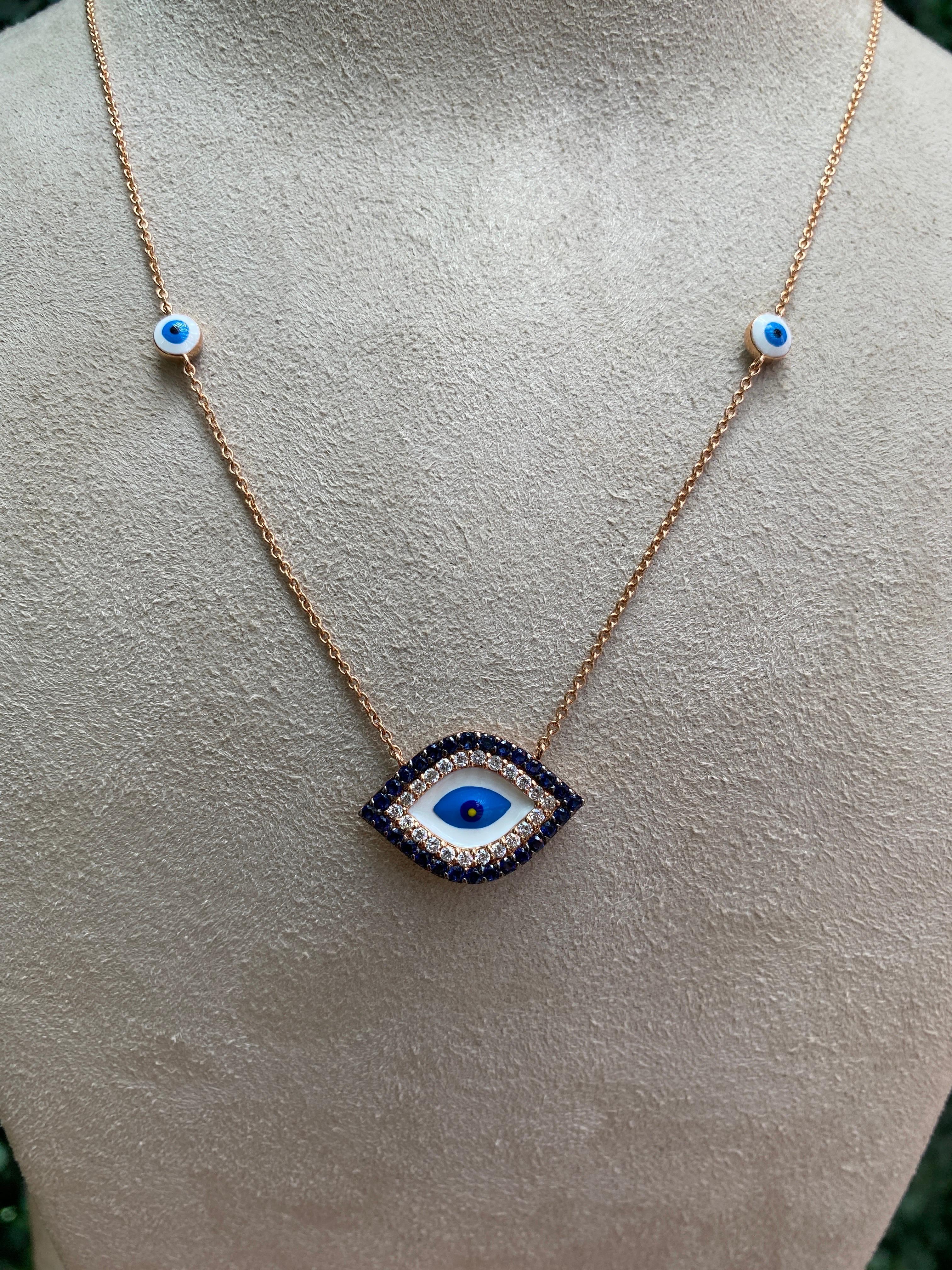 18 Karat Rose Gold Sapphire & Diamond Evil Eye Pendant Necklace 1