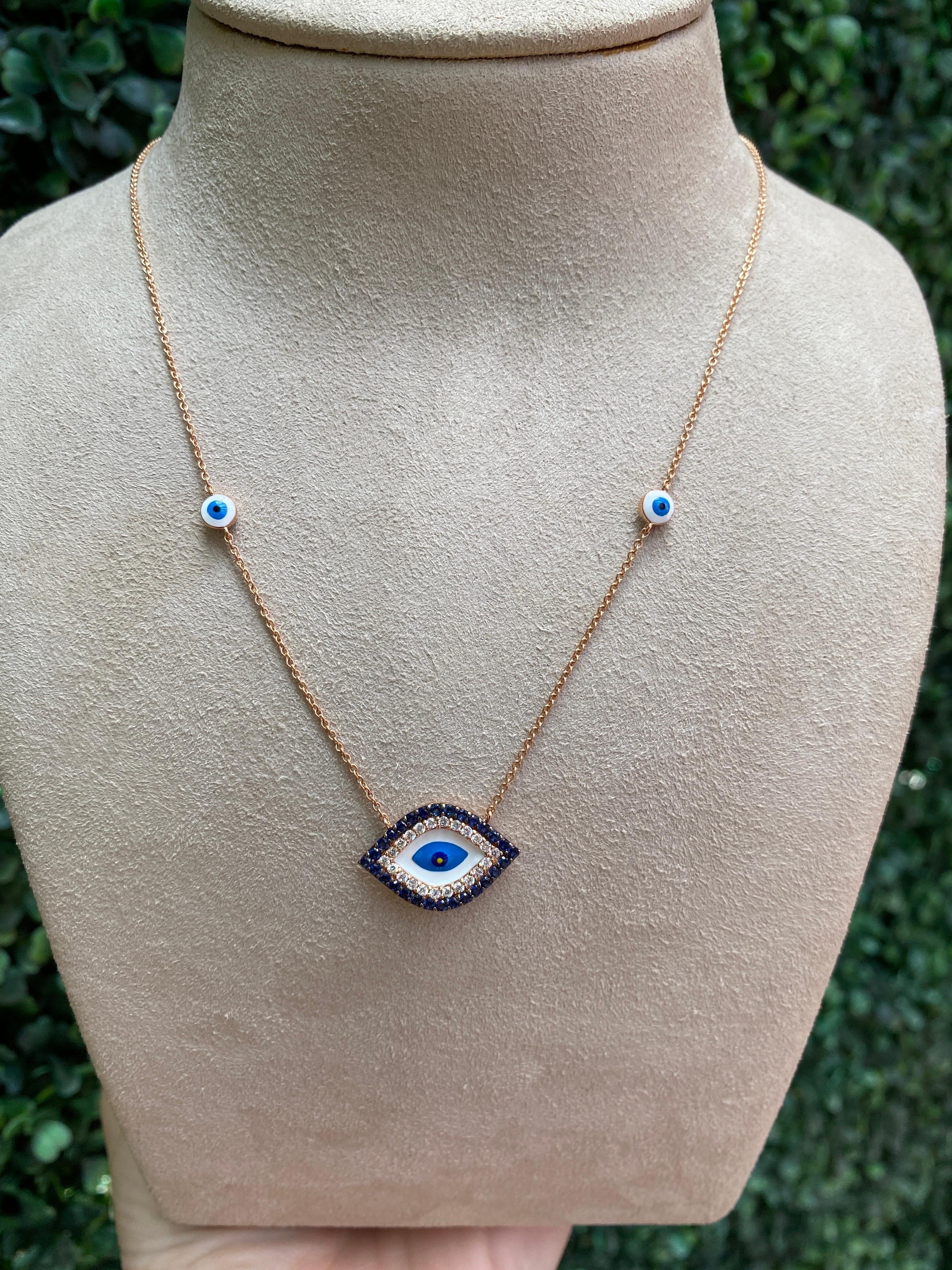 18 Karat Rose Gold Sapphire & Diamond Evil Eye Pendant Necklace 2