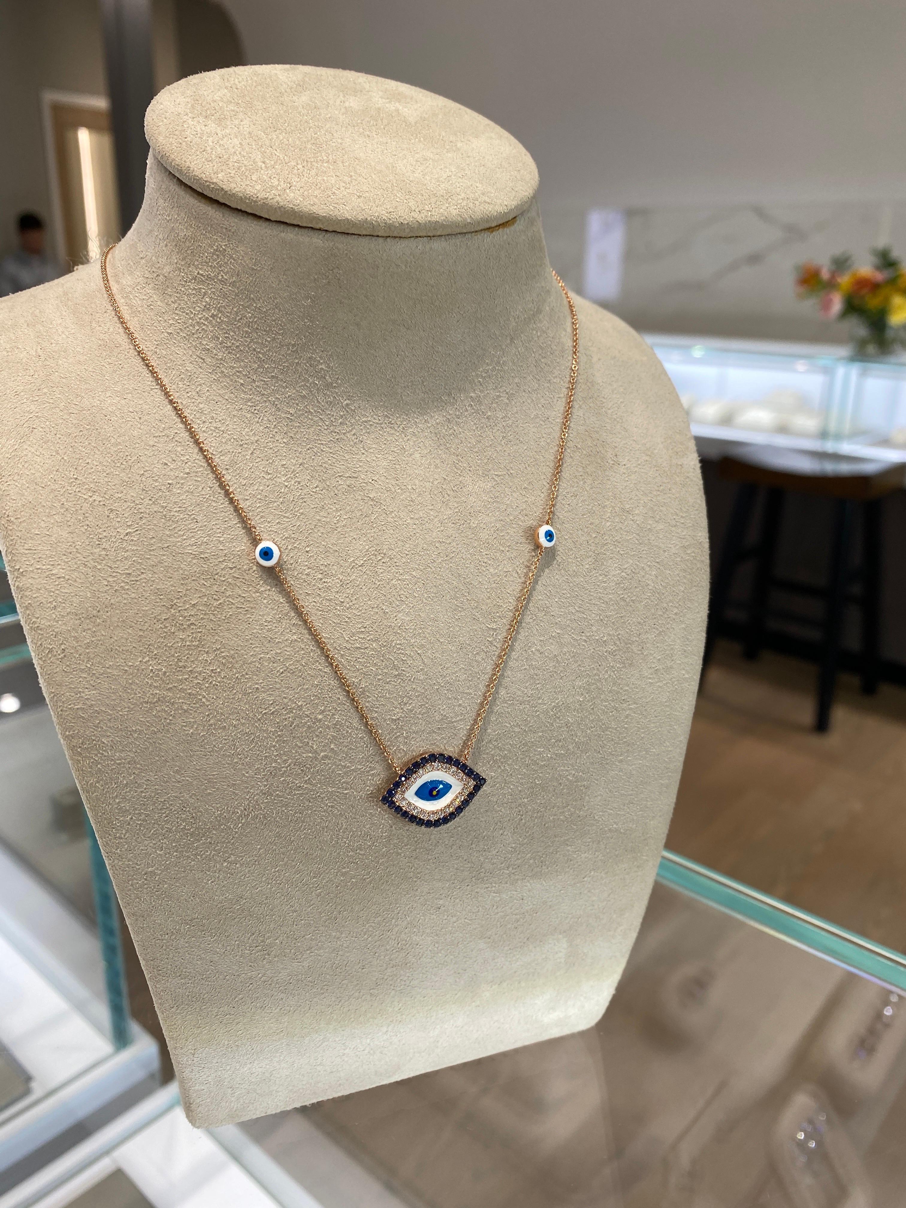 18 Karat Rose Gold Sapphire & Diamond Evil Eye Pendant Necklace 3