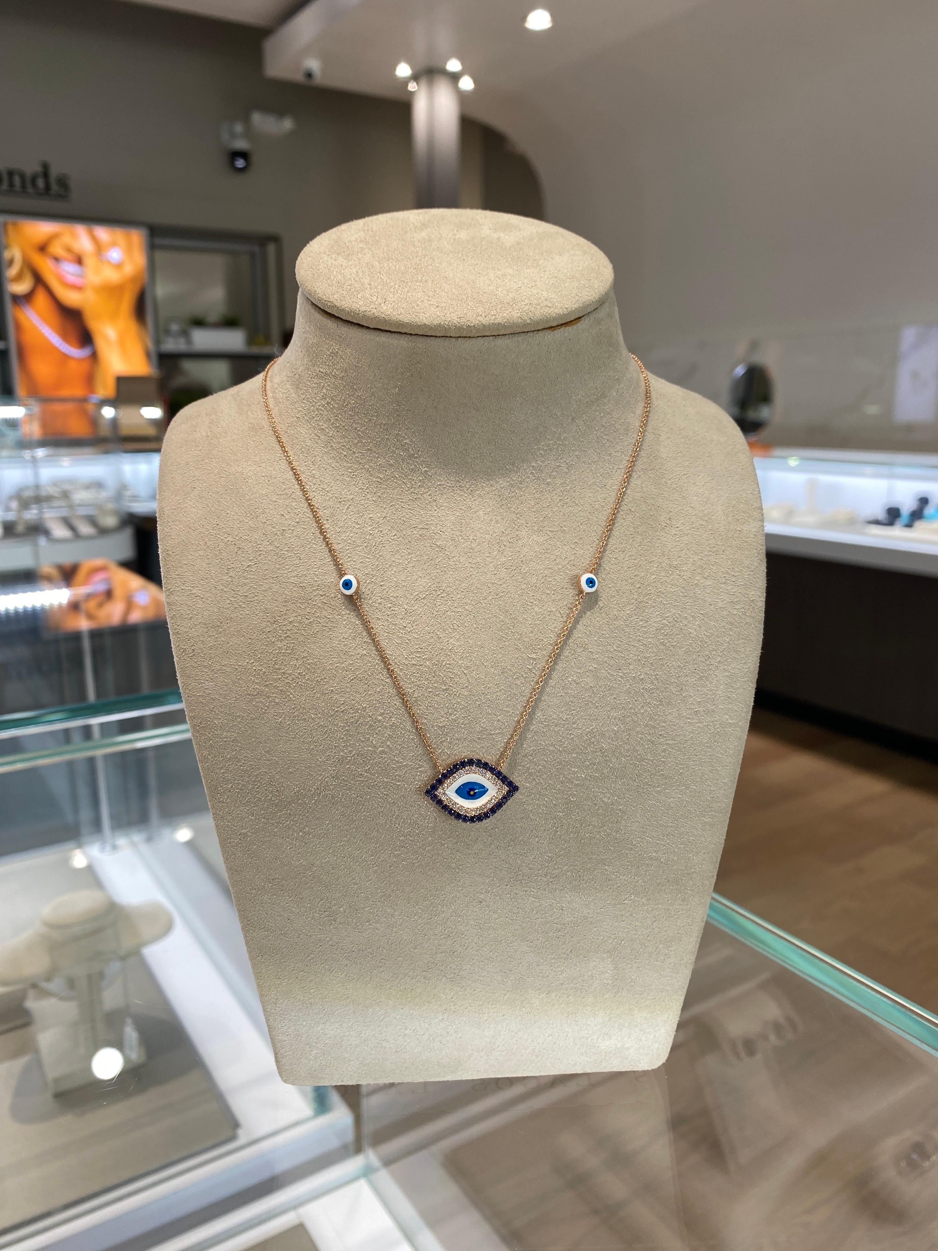 18 Karat Rose Gold Sapphire & Diamond Evil Eye Pendant Necklace 4