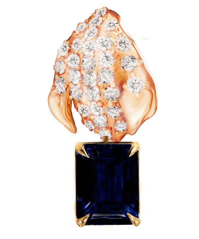 Dieses zeitgenössische, florale Collier mit Pfingstrosenblüten-Anhänger besteht aus 18 Karat Roségold mit 31 runden natürlichen Diamanten, VS, F-G, und einem natürlichen dunkelblauen Saphir mit Oktagonschliff. Das skulpturale Design verleiht der