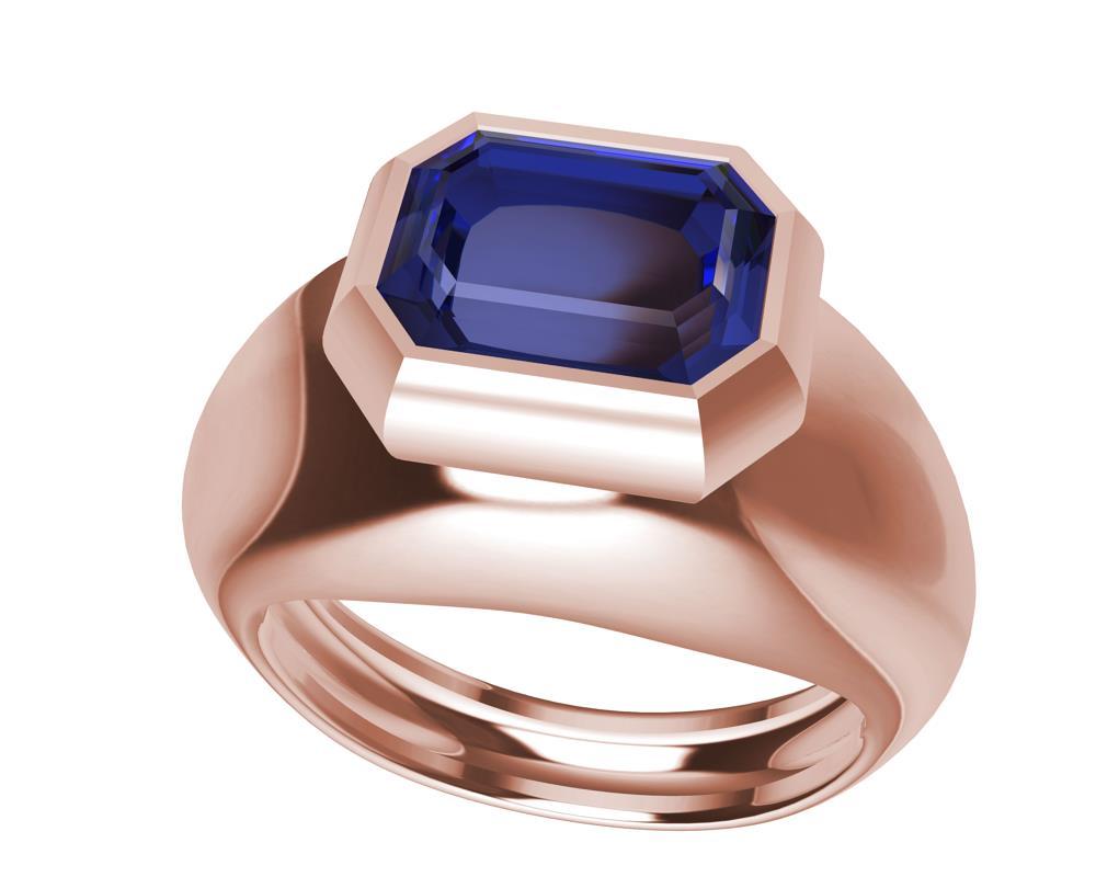 Im Angebot: 18 Karat Roségold Skulptur-Ring mit 2,54 Karat blauem Saphir im Smaragdschliff () 11