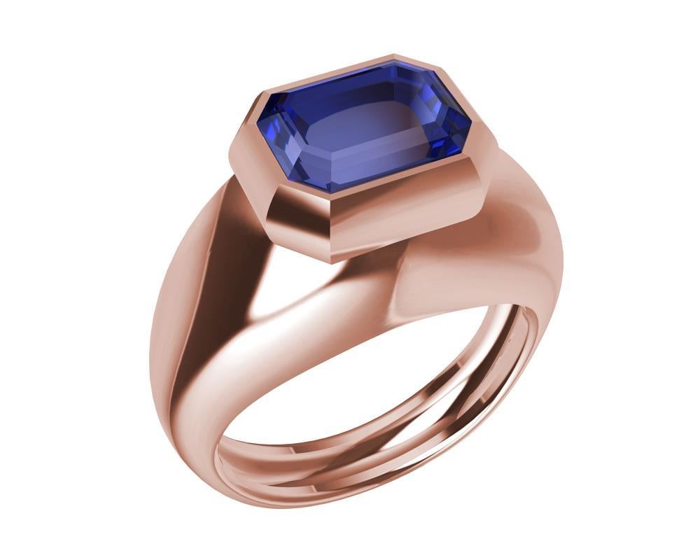 For Sale:  18 Karat Rose Gold Sculpture Ring with 2.54 Carat Emerald Cut Blue Sapphire 6