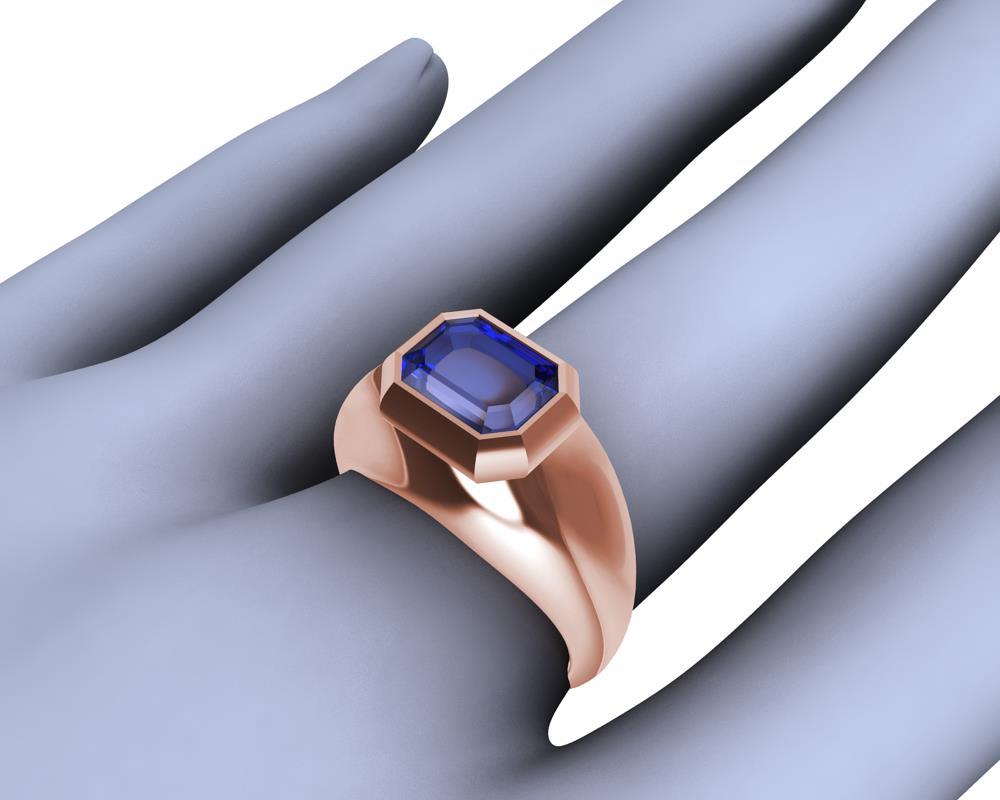 For Sale:  18 Karat Rose Gold Sculpture Ring with 2.54 Carat Emerald Cut Blue Sapphire 7
