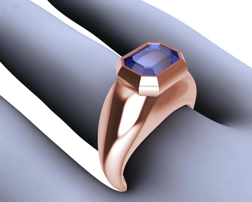 For Sale:  18 Karat Rose Gold Sculpture Ring with 2.54 Carat Emerald Cut Blue Sapphire 8