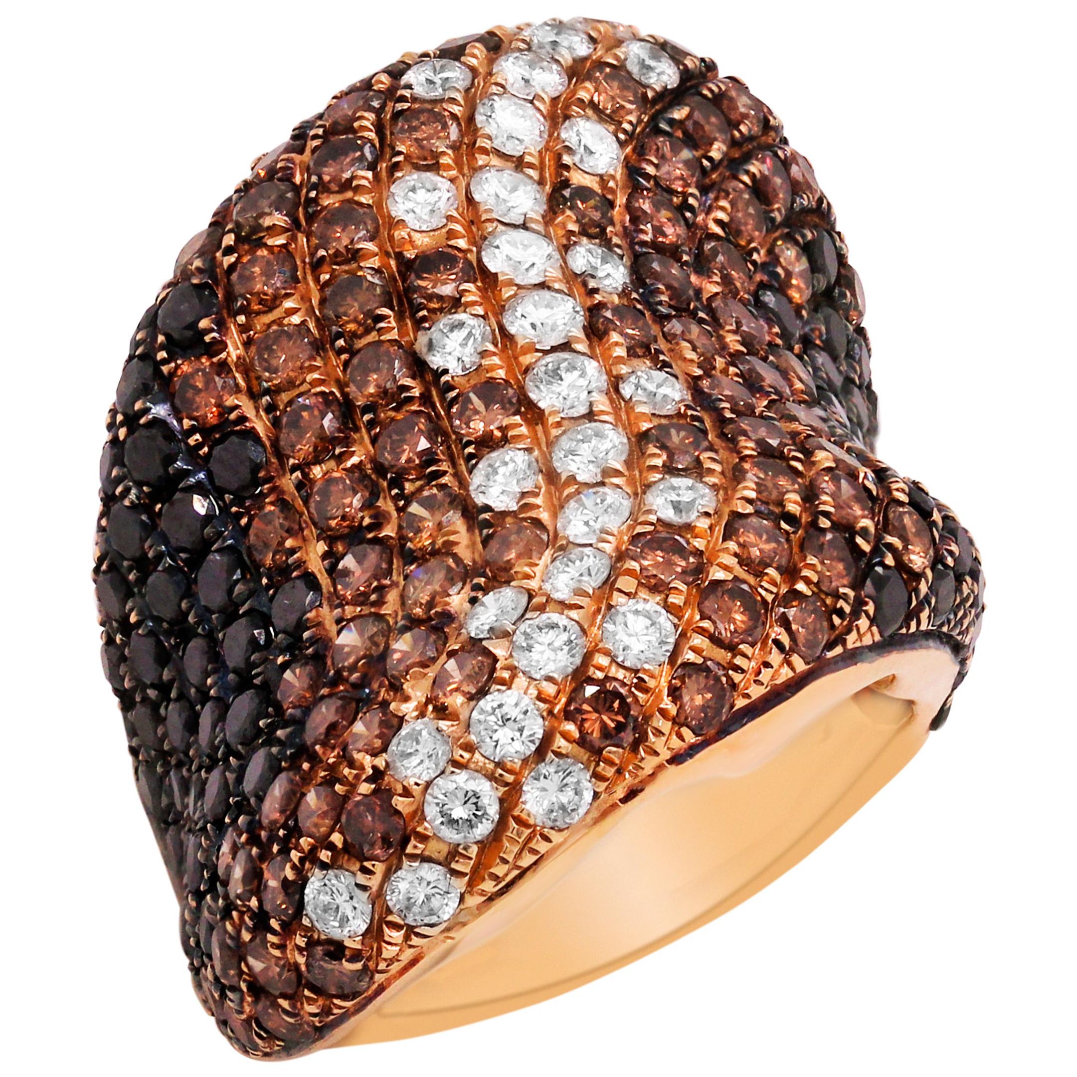 18 Karat Rose Gold Shaded White Brown Black Diamond Curved Cocktail Ring For Sale