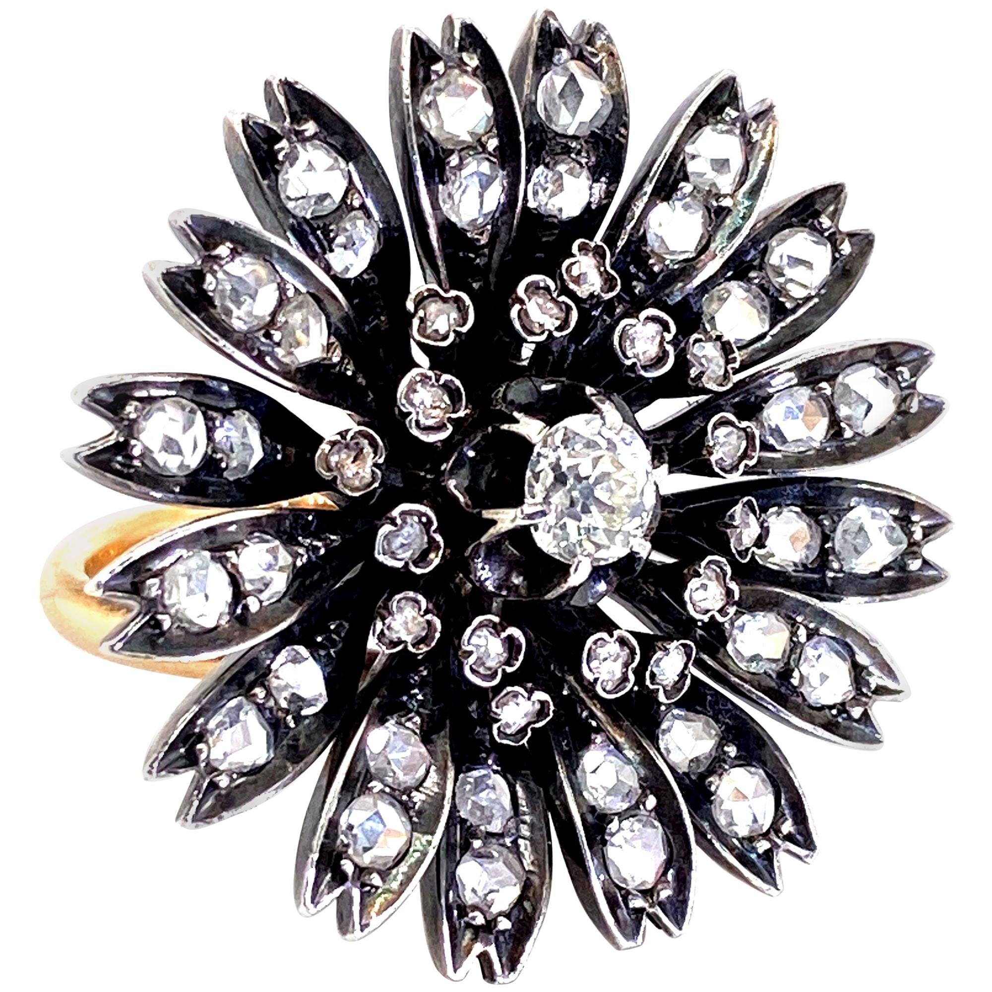 18 Karat Rose Gold, Silver and Old Cut Diamond Antique Dahlia Cocktail Ring For Sale