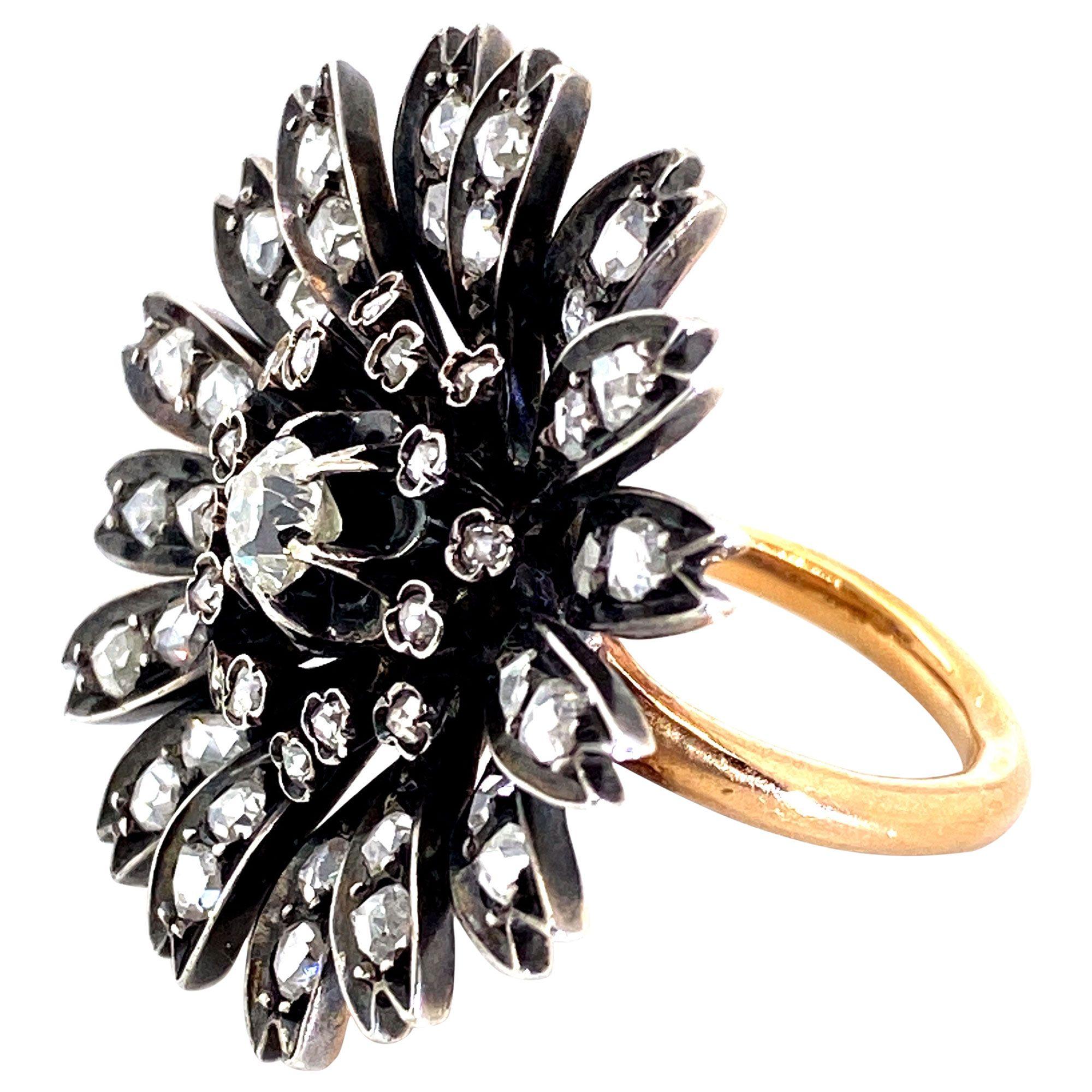 18 Karat Rose Gold, Silver and Old Cut Diamond Antique Dahlia Cocktail Ring For Sale 3
