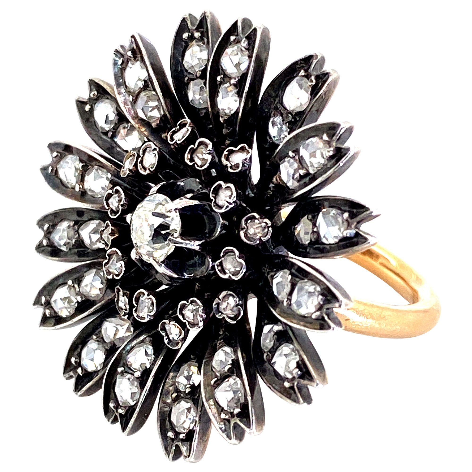 18 Karat Rose Gold, Silver and Old Cut Diamond Antique Dahlia Cocktail Ring For Sale 4