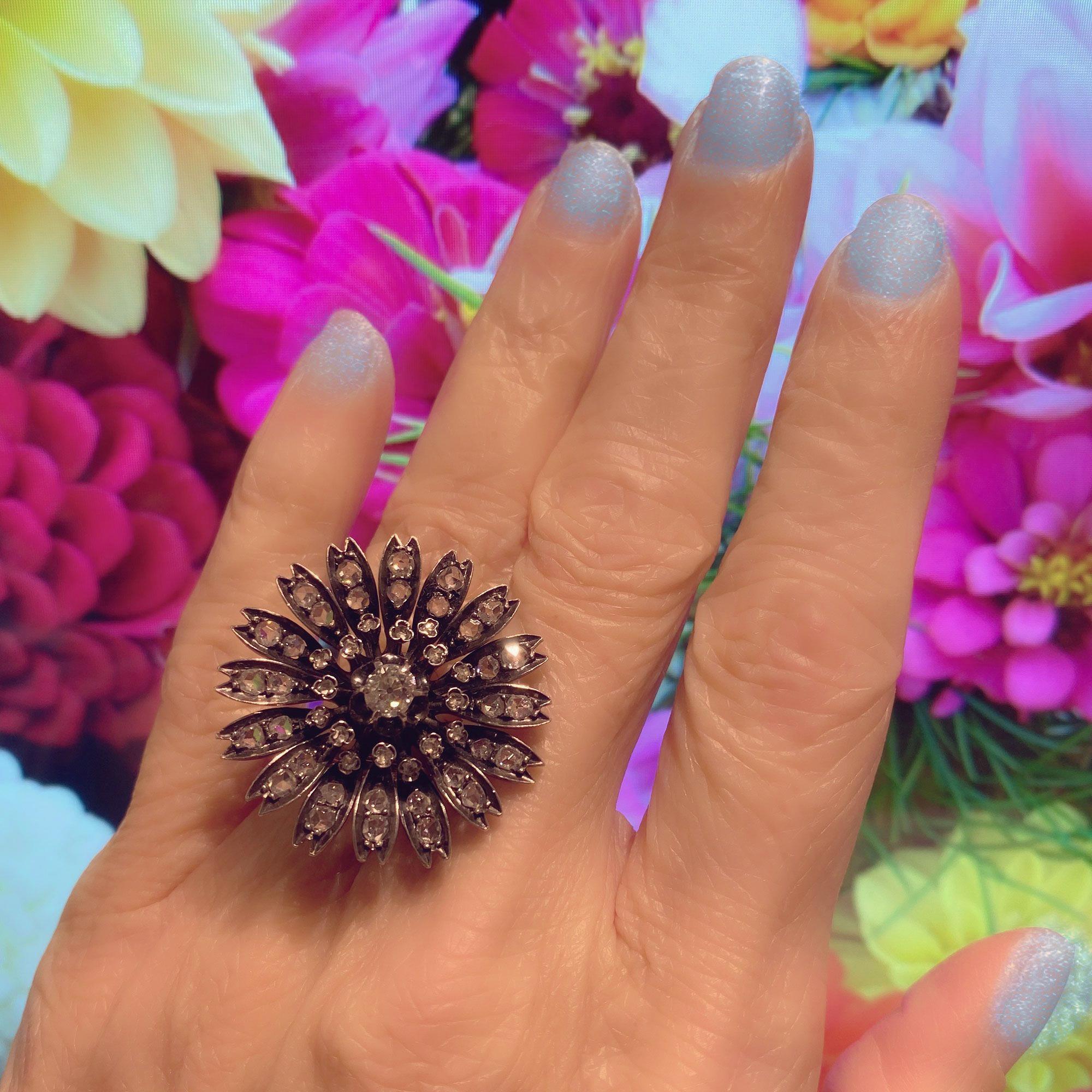 18 Karat Rose Gold, Silver and Old Cut Diamond Antique Dahlia Cocktail Ring For Sale 6