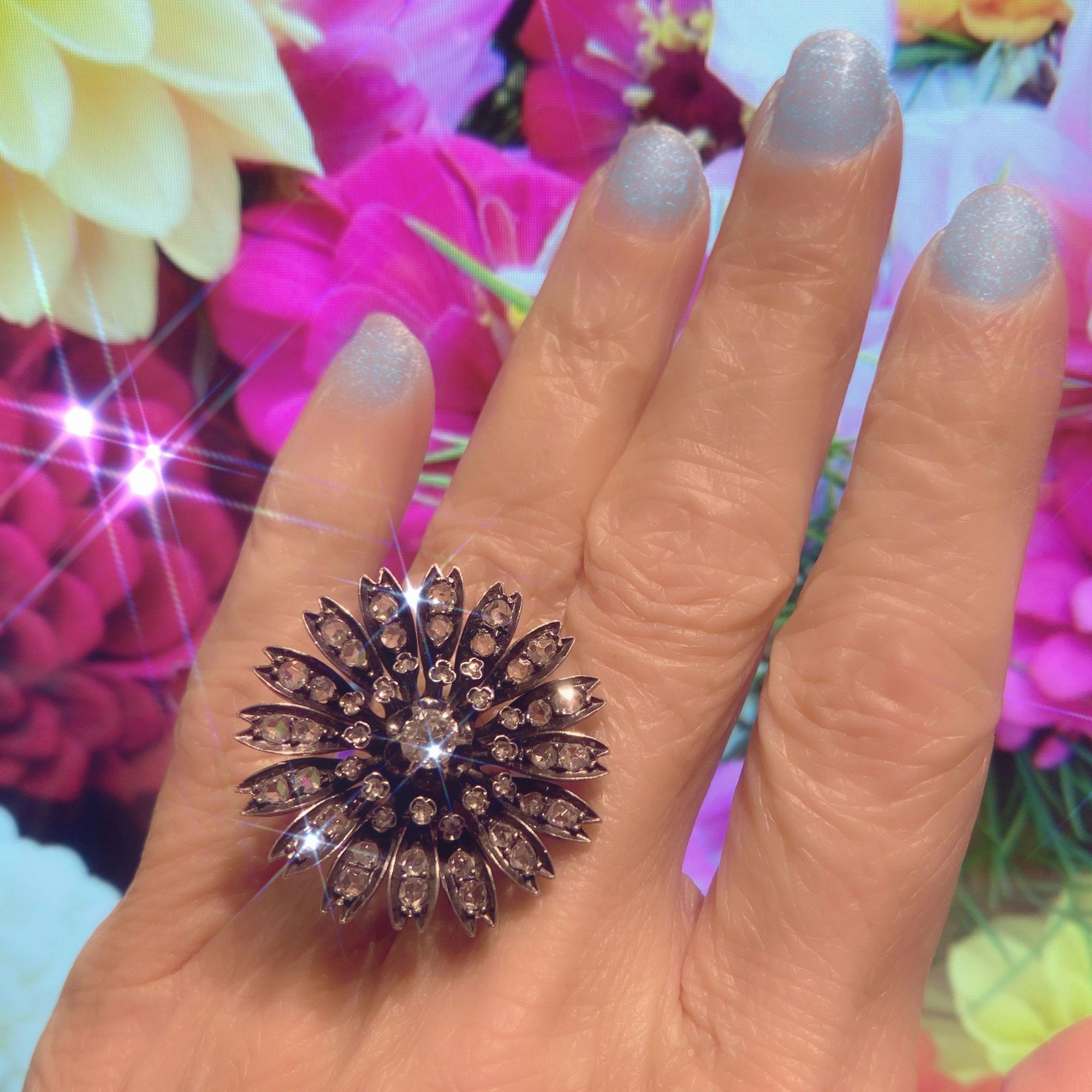18 Karat Rose Gold, Silver and Old Cut Diamond Antique Dahlia Cocktail Ring For Sale 7