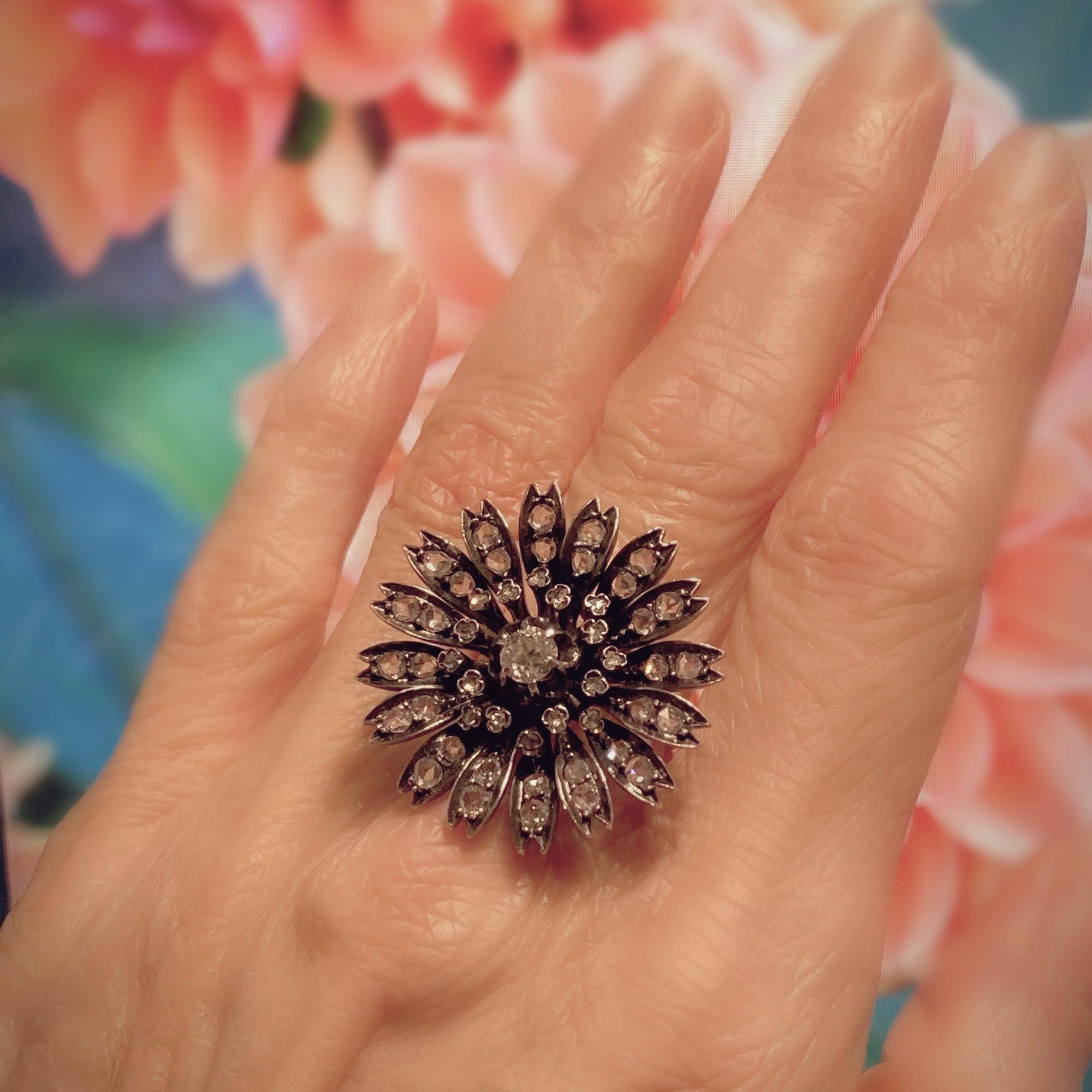 18 Karat Rose Gold, Silver and Old Cut Diamond Antique Dahlia Cocktail Ring For Sale 8