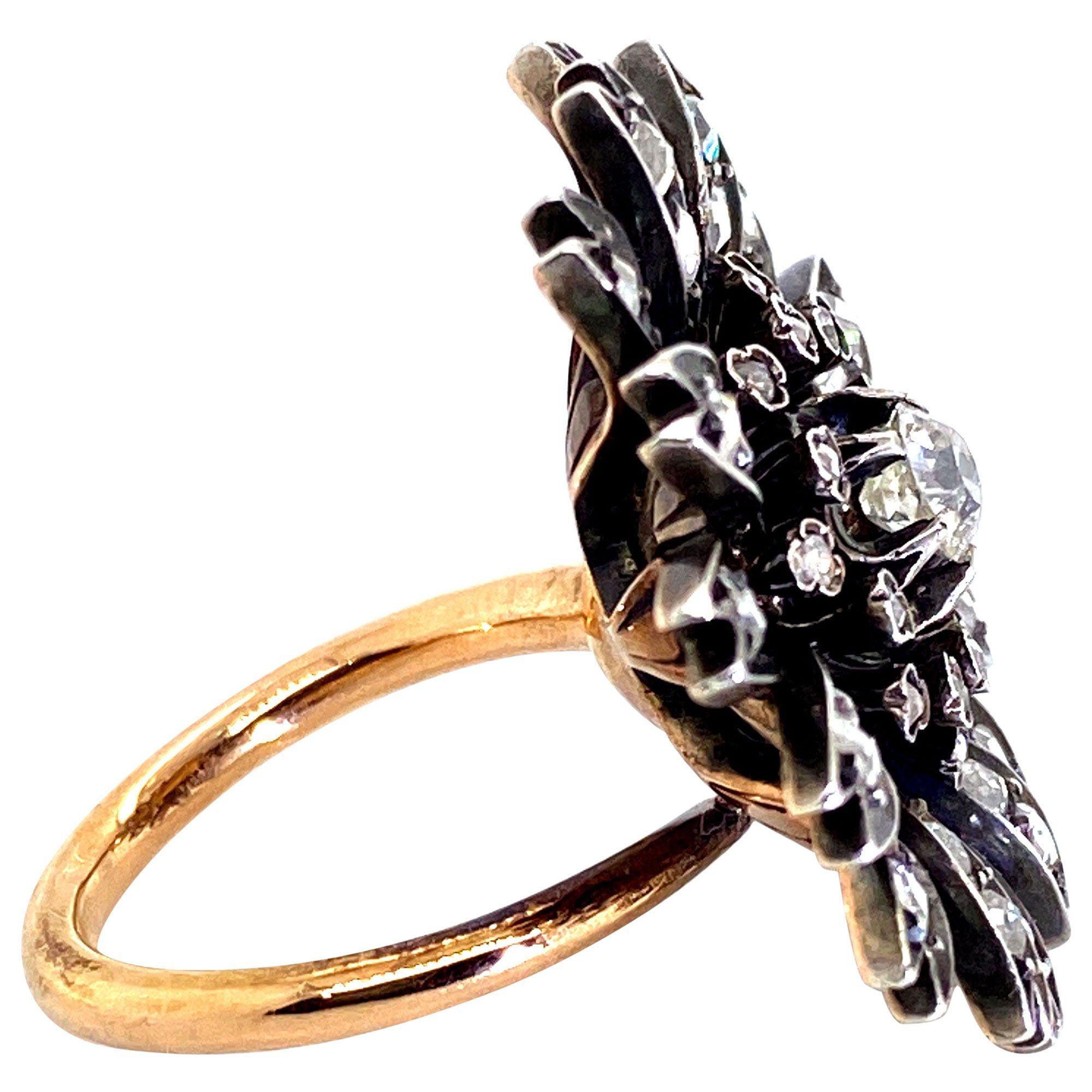 Victorian 18 Karat Rose Gold, Silver and Old Cut Diamond Antique Dahlia Cocktail Ring For Sale