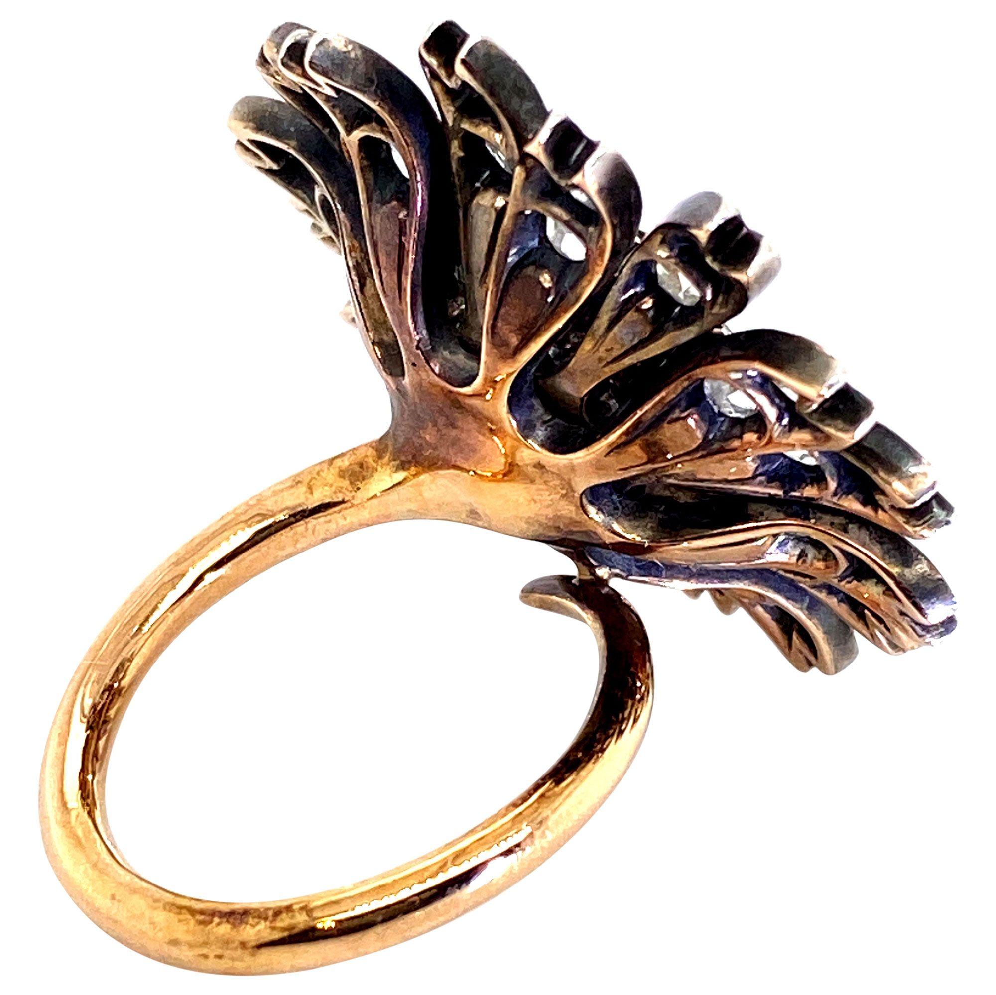 Rose Cut 18 Karat Rose Gold, Silver and Old Cut Diamond Antique Dahlia Cocktail Ring For Sale