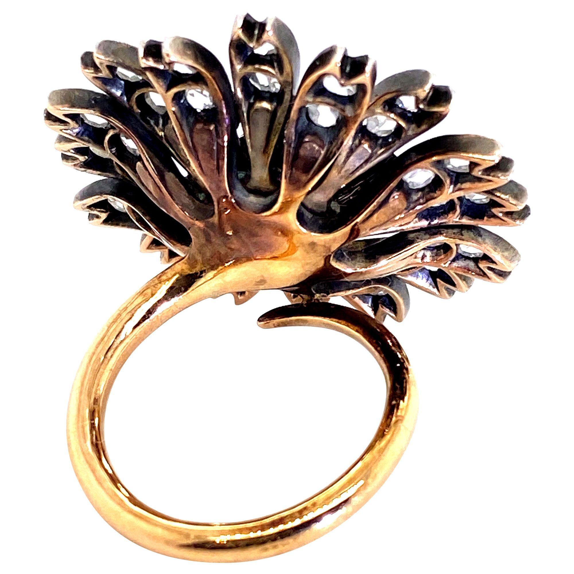 18 Karat Rose Gold, Silver and Old Cut Diamond Antique Dahlia Cocktail Ring In Good Condition For Sale In QLD , AU