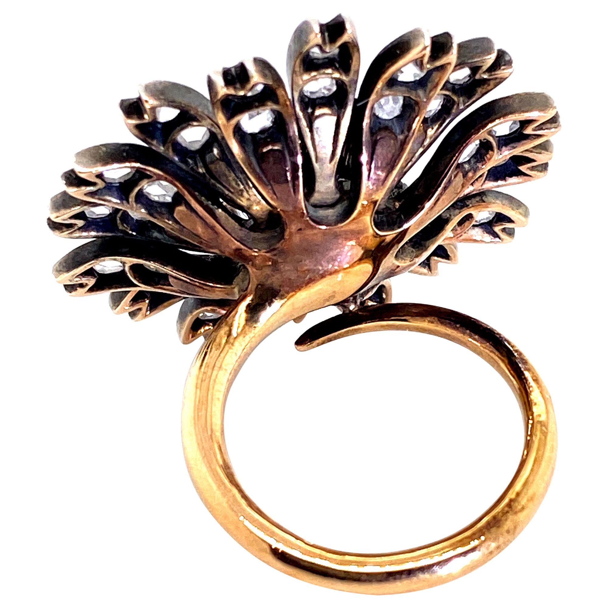 Women's 18 Karat Rose Gold, Silver and Old Cut Diamond Antique Dahlia Cocktail Ring For Sale