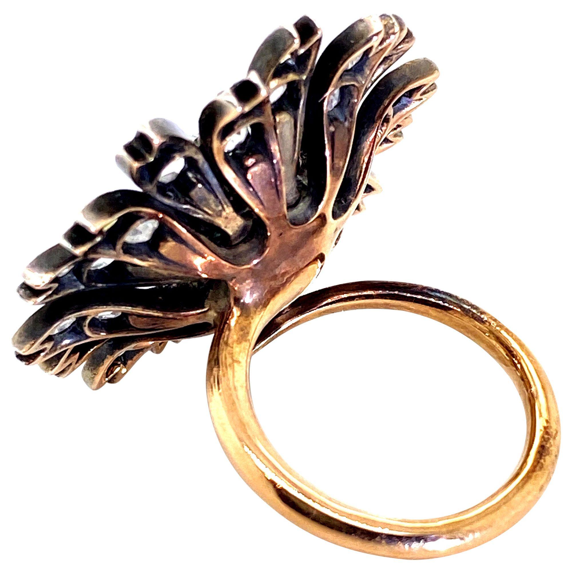 18 Karat Rose Gold, Silver and Old Cut Diamond Antique Dahlia Cocktail Ring For Sale 1