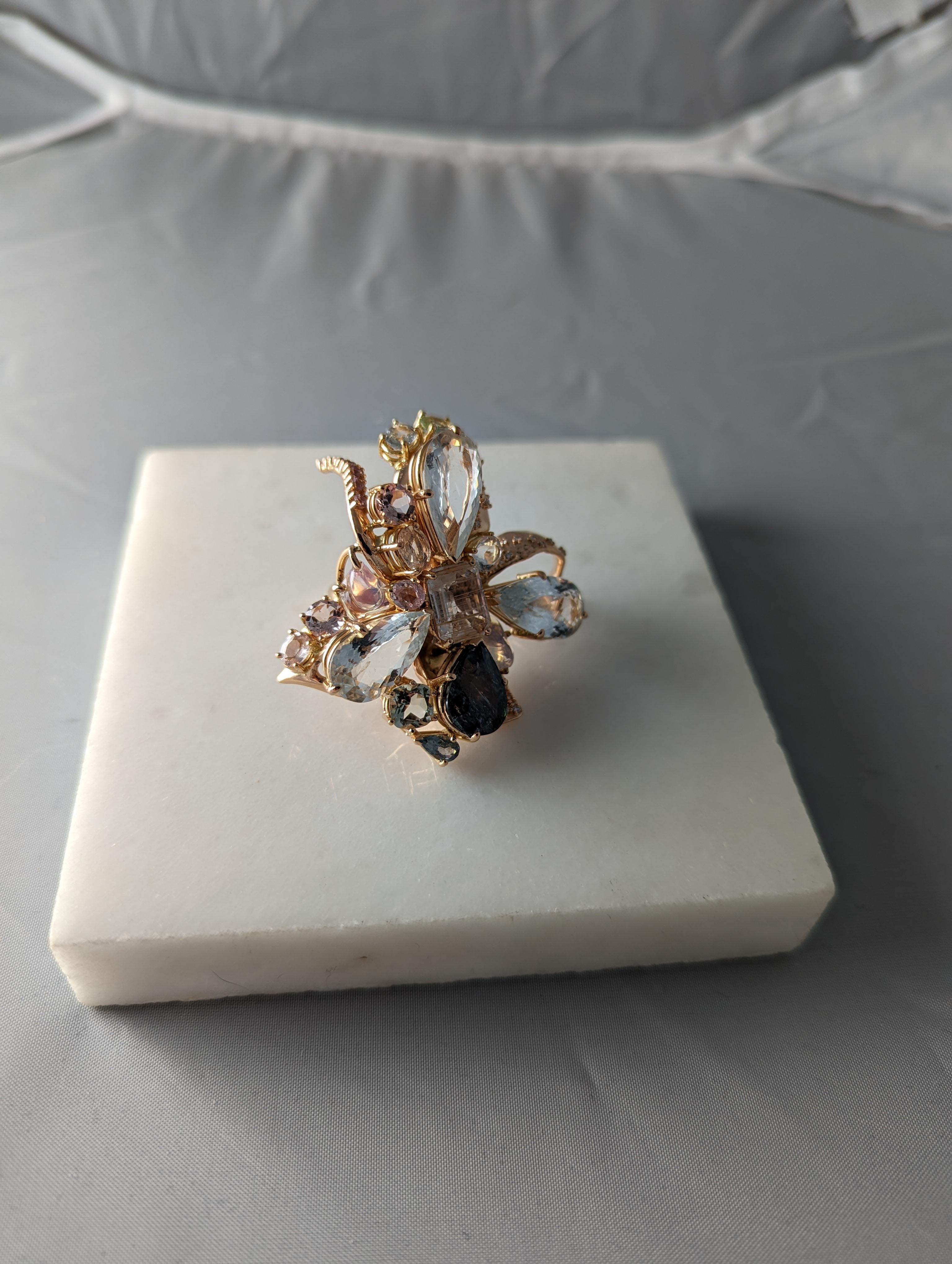 Rose Gold Aquamarines Artisan Contemporary Ring with Diamonds and Sapphires  For Sale 11