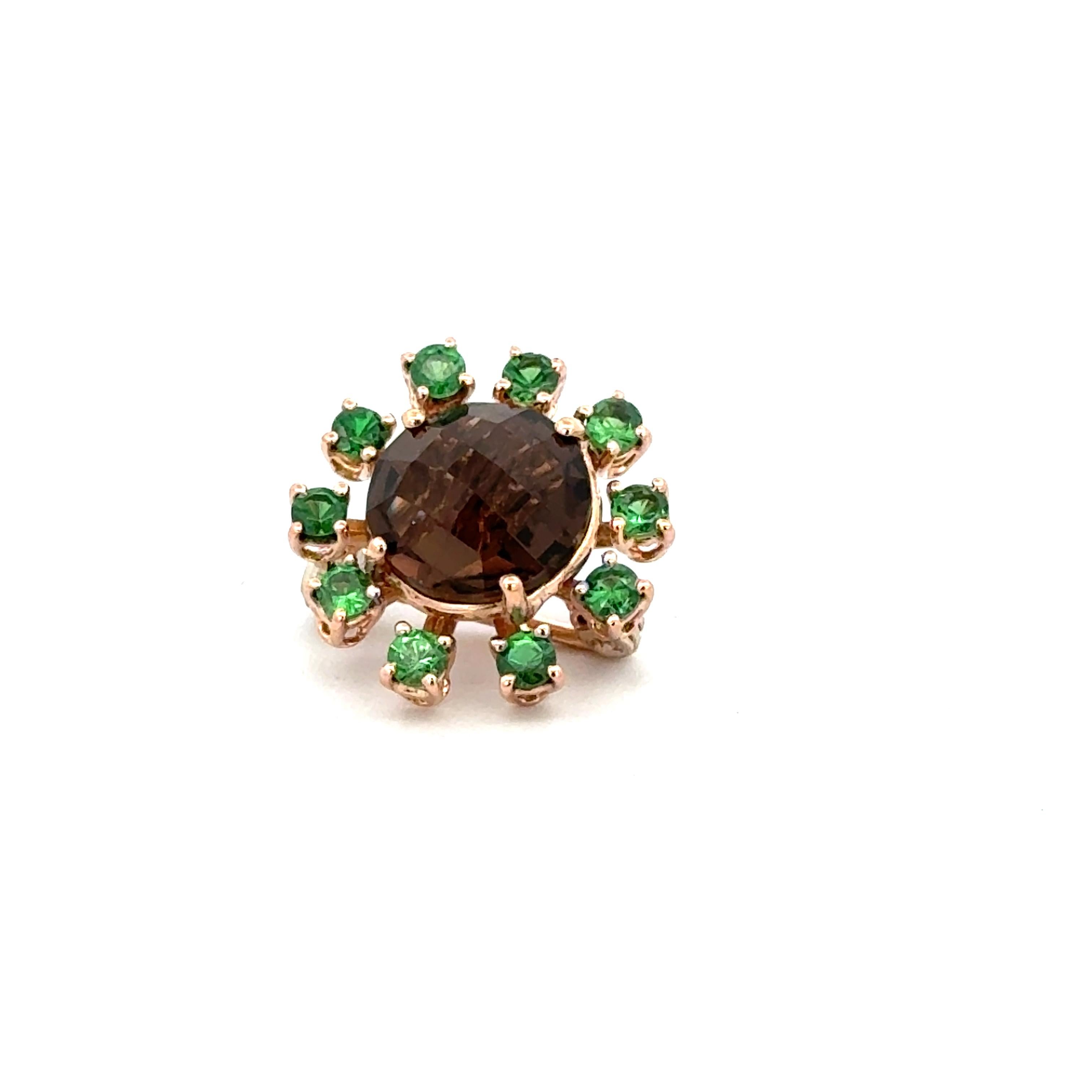 Contemporary 18 Karat Rose Gold Smoky Quartz and Tzavorite Garavelli Brooch For Sale