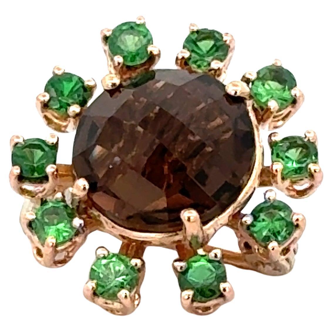 18 Karat Rose Gold Smoky Quartz and Tzavorite Garavelli Brooch For Sale