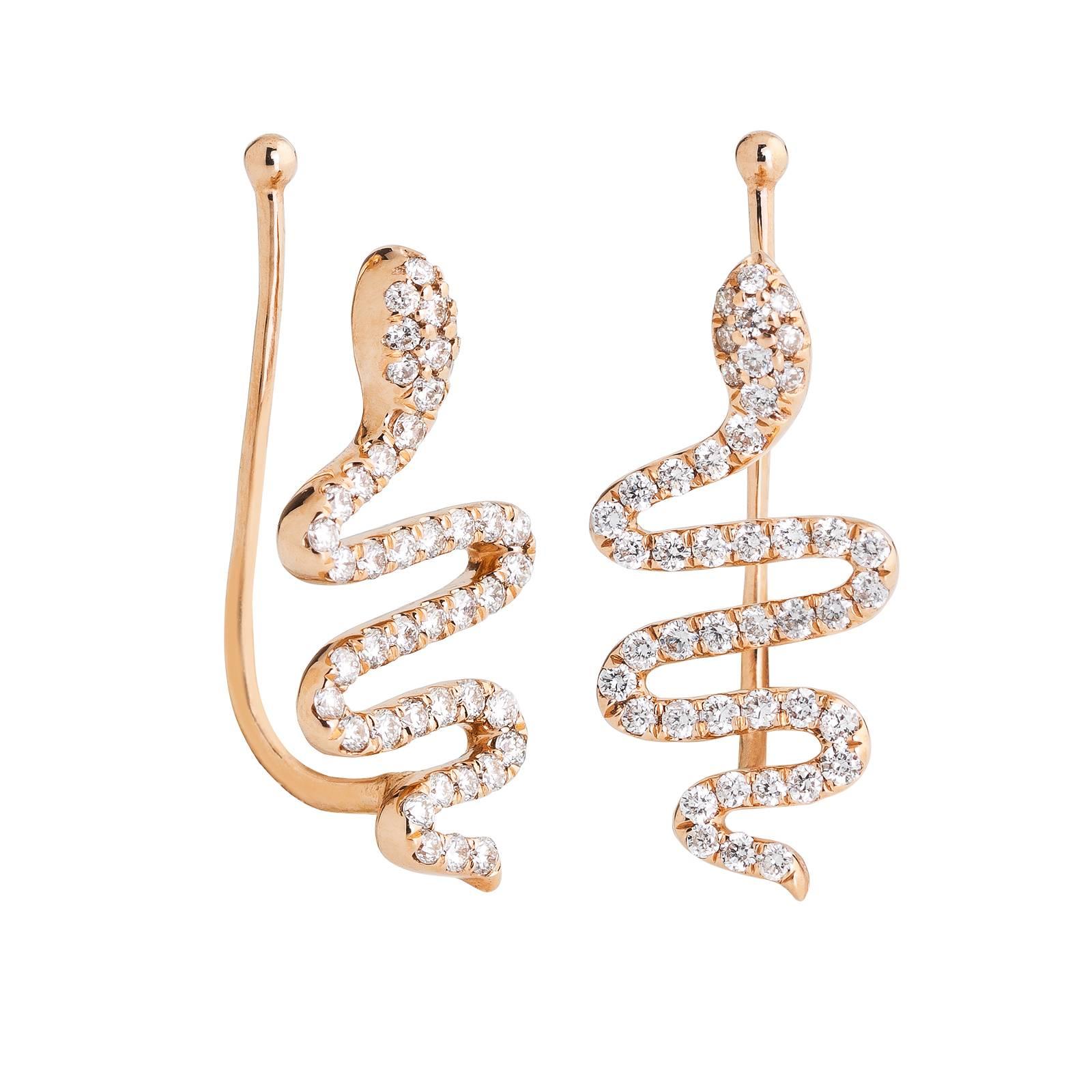 18 Karat Rose Gold Snake with 54 White Diamonds 0.33 Carat Ear Cuff Earrings For Sale