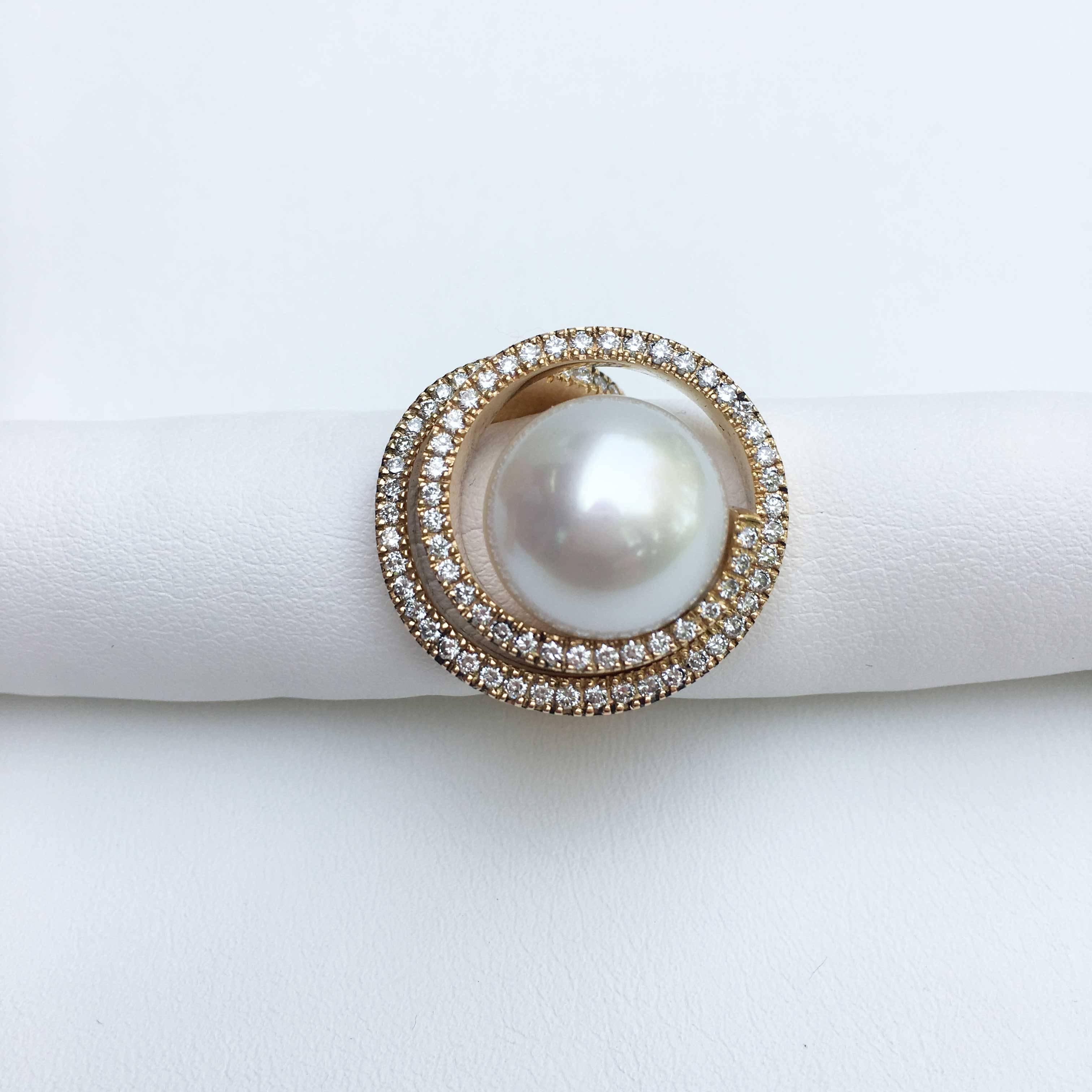 Women's 18 Karat Rose Gold South Sea Cultured Pearl and Diamond Cocktail Ring For Sale