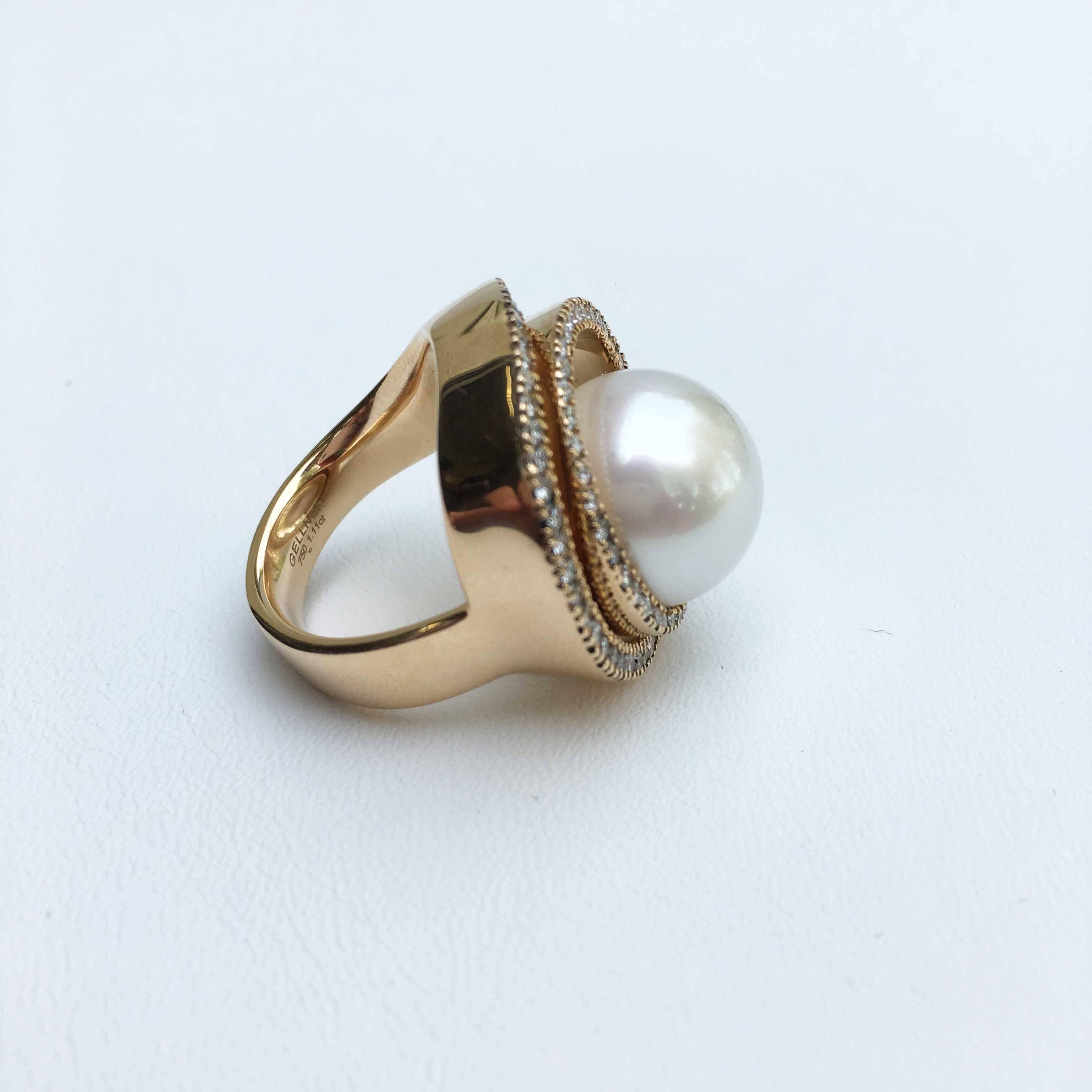 18 Karat Rose Gold South Sea Cultured Pearl and Diamond Cocktail Ring For Sale 1