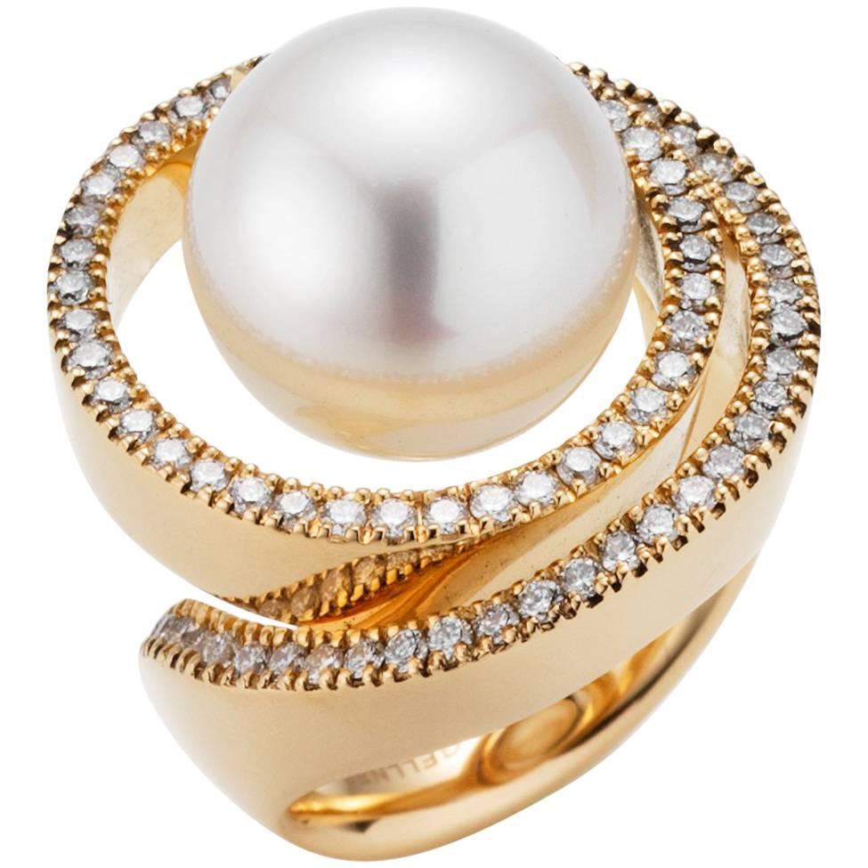 18 Karat Rose Gold South Sea Cultured Pearl and Diamond Cocktail Ring For Sale