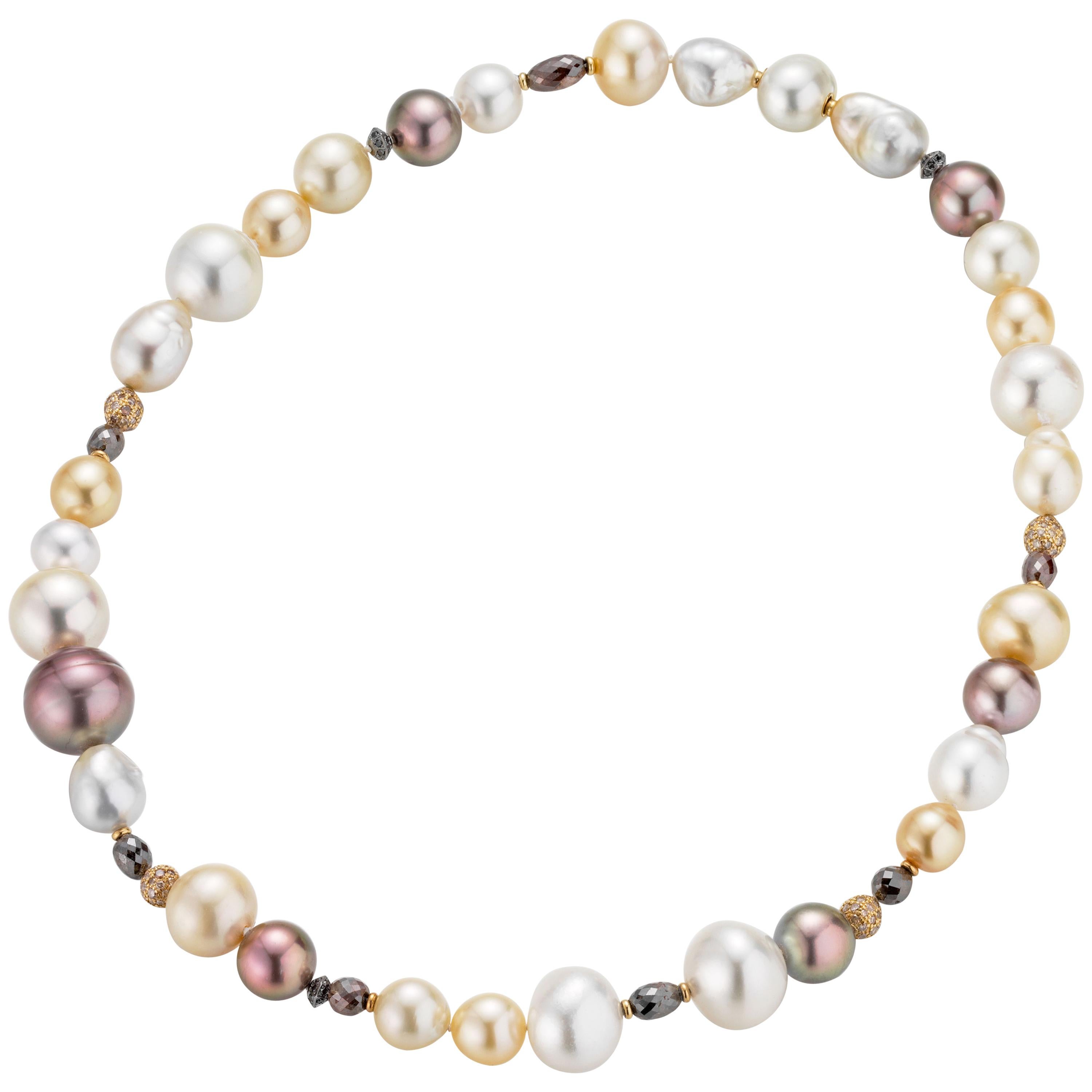 18 Karat Rose Gold Sparkling Multi-Color Cultured Pearl and Diamond Necklace For Sale
