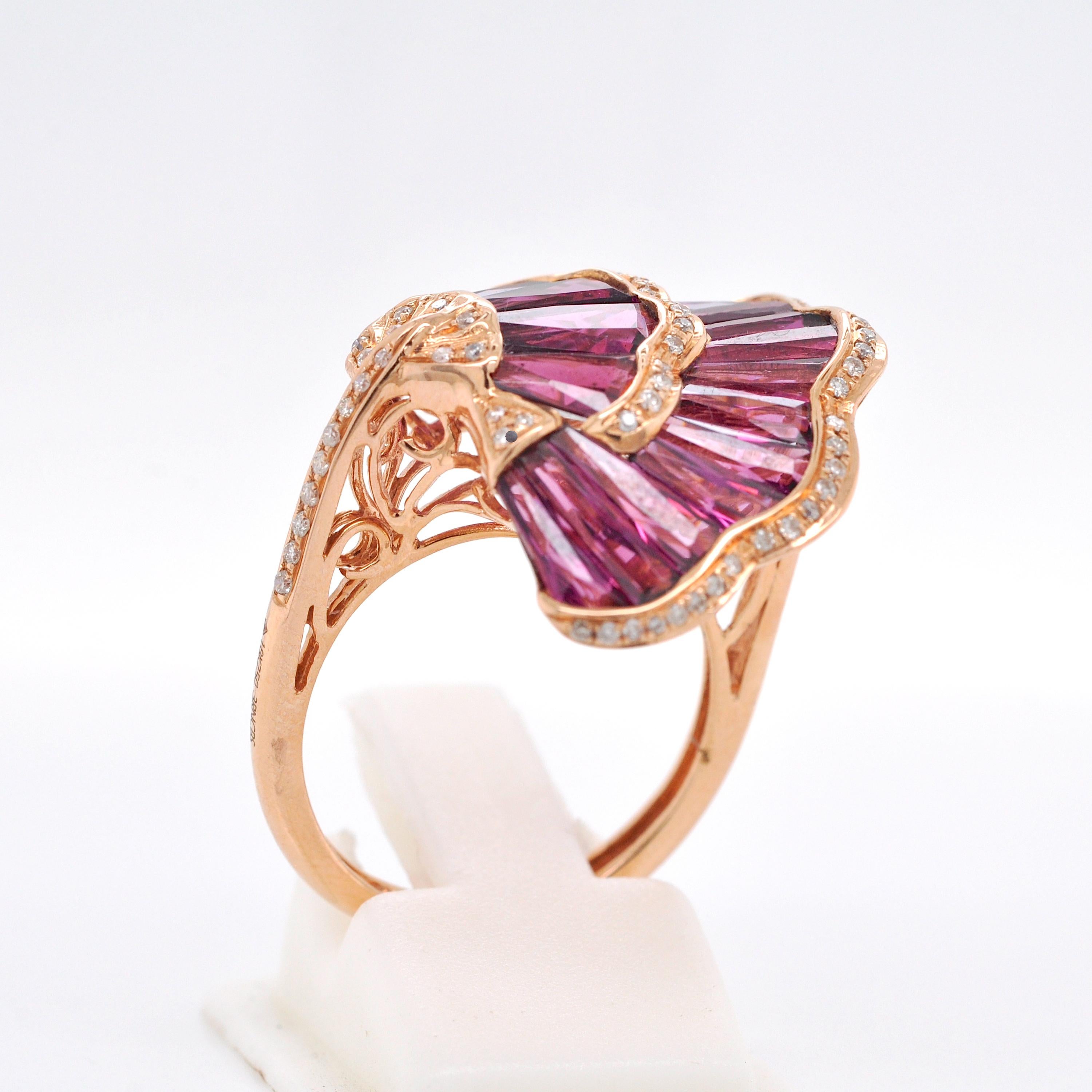 Anello Couture in oro rosa 18 carati con taglio speciale Baguette Rhodolite Ginkgo Leaf in vendita 6