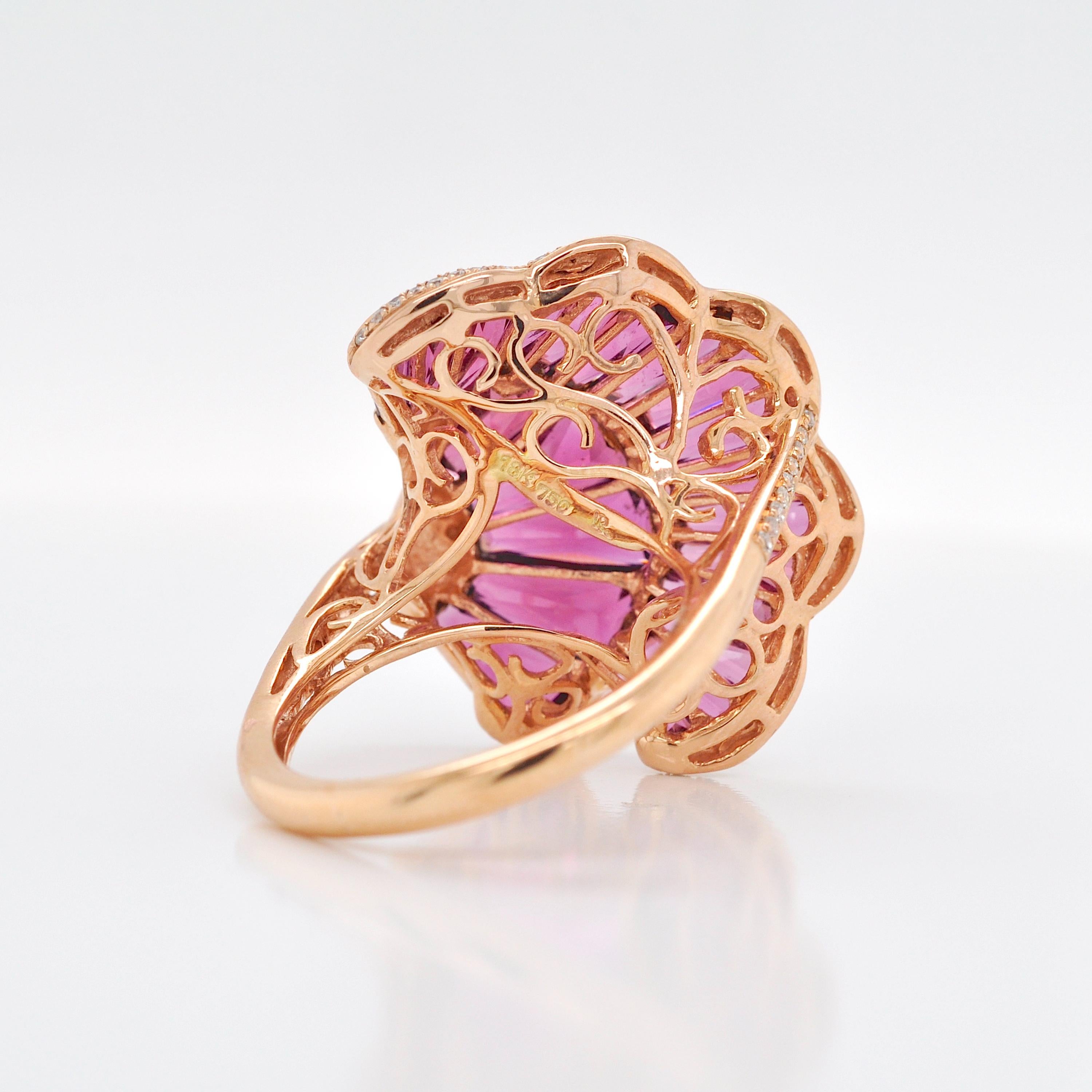 Anello Couture in oro rosa 18 carati con taglio speciale Baguette Rhodolite Ginkgo Leaf in vendita 2
