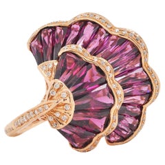 18 Karat Rose Gold Special Cut Taper Baguette Rhodolite Ginkgo Leaf Couture Ring