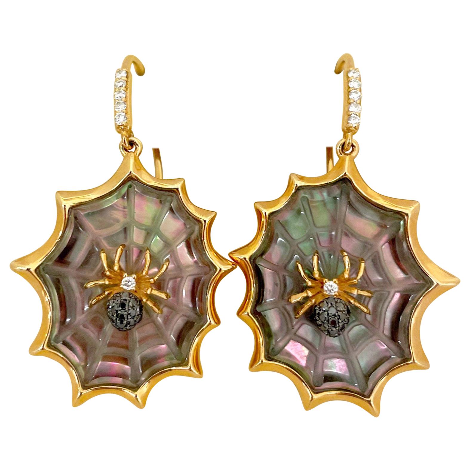 18 Karat Rose Gold Spider Web Earrings with Black Mother of Pearl and Diamonds