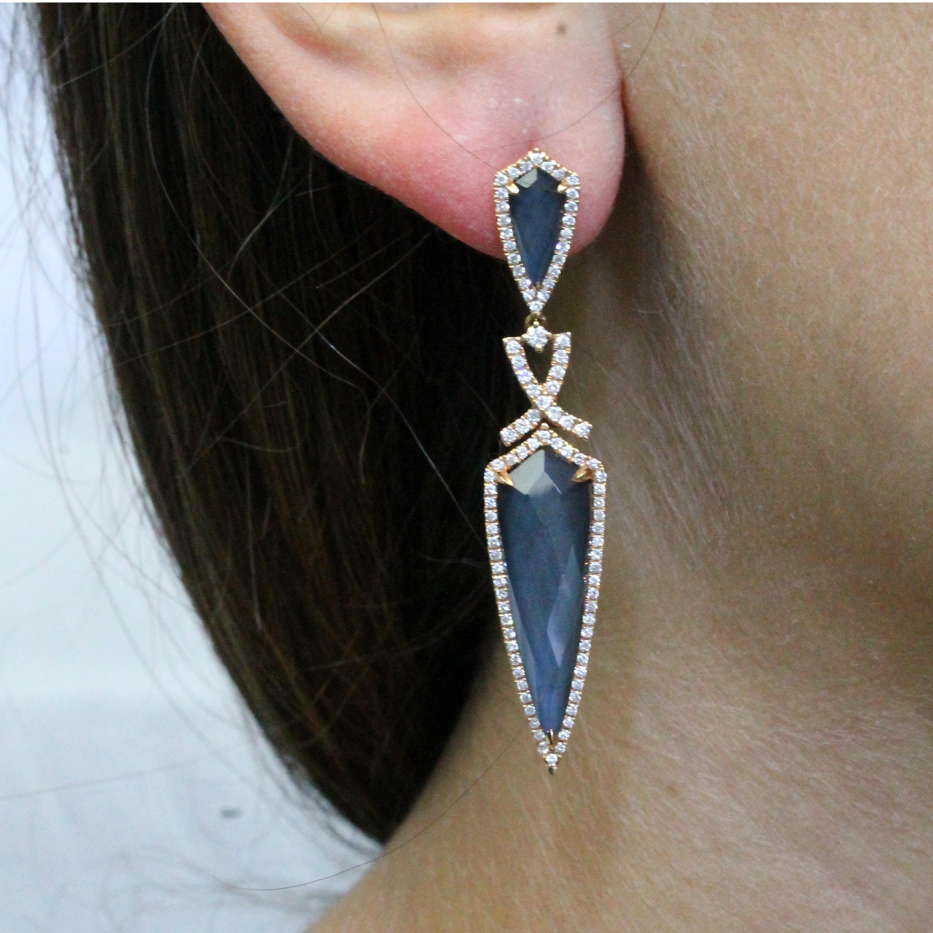 One-of-a-kind earrings featuring rich 18 karat rose gold. White Topaz is layered with Grey Hematite, surrounded by Halos of Diamonds. Post and Pushback Enclosure. Dagger design adds edge to any outfit. A perfect, warm look for fall and winter. Doves