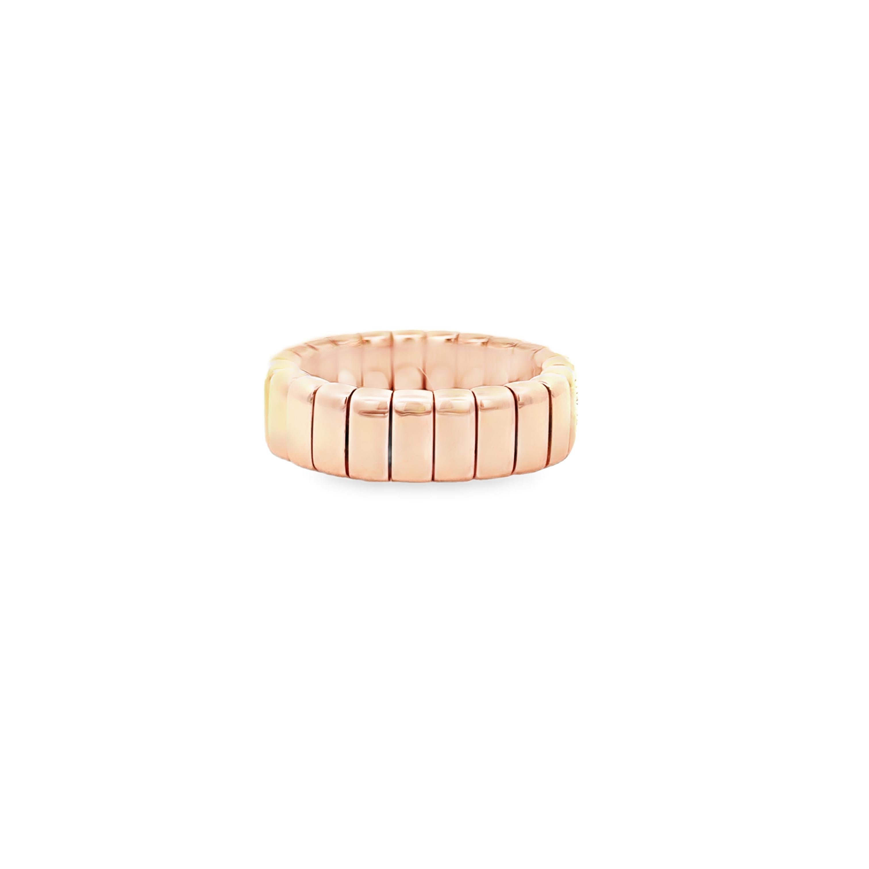 18KT Rose Gold  RING with an elastic construction.
A no brain ring, happy, fancy, a confortable ring that stretch from size US 7 to US 8 = from size 54 to 56 EU
The best option to go over a large nuckle and confortably sit on the finger.
18kt GOLD 
