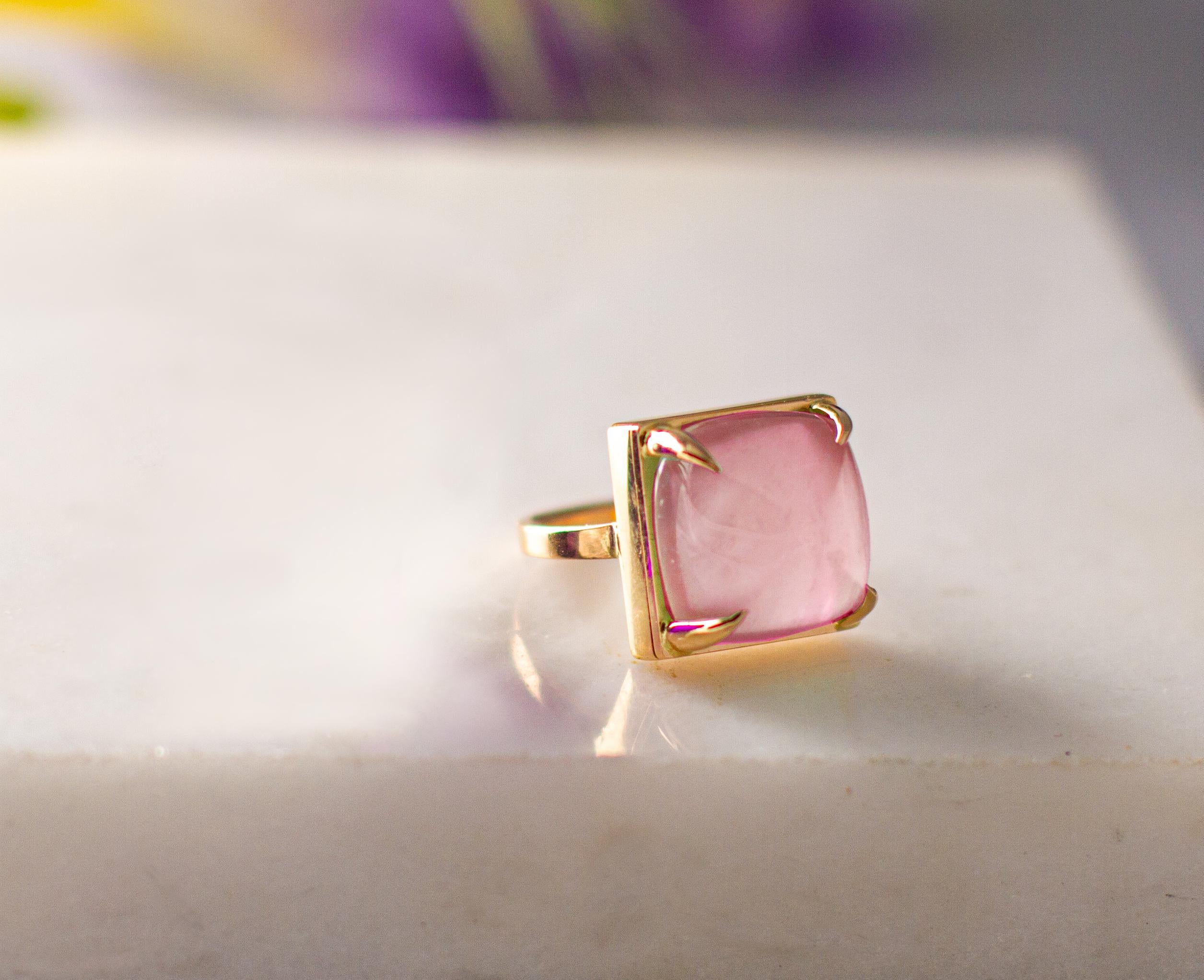 Sugarloaf Cabochon Eighteen Karat Rose Gold Sugarloaf Baby Pink Tourmaline Engagement Ring For Sale