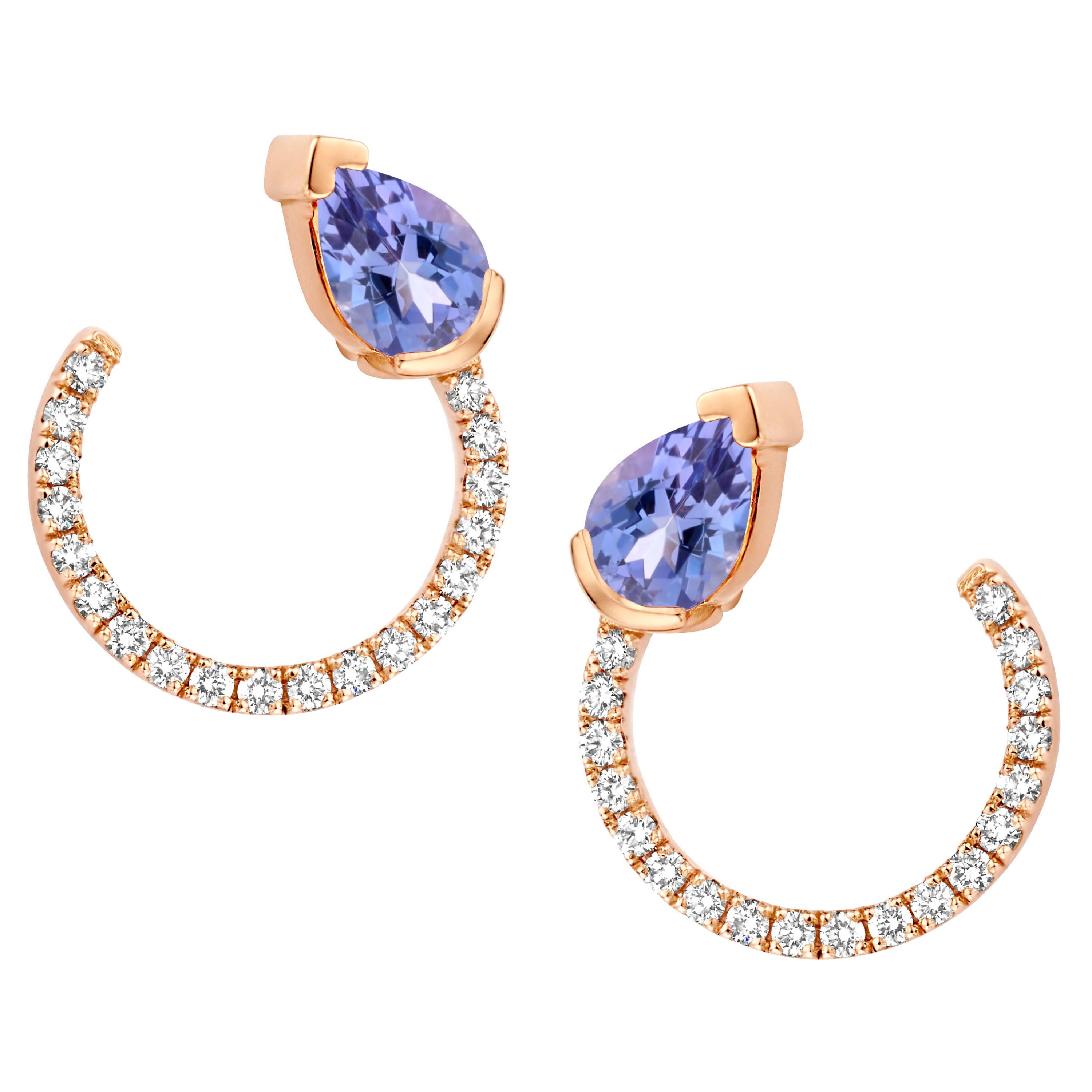 18 Karat Rose Gold Tanzanite Diamond Curved Earrings For Sale