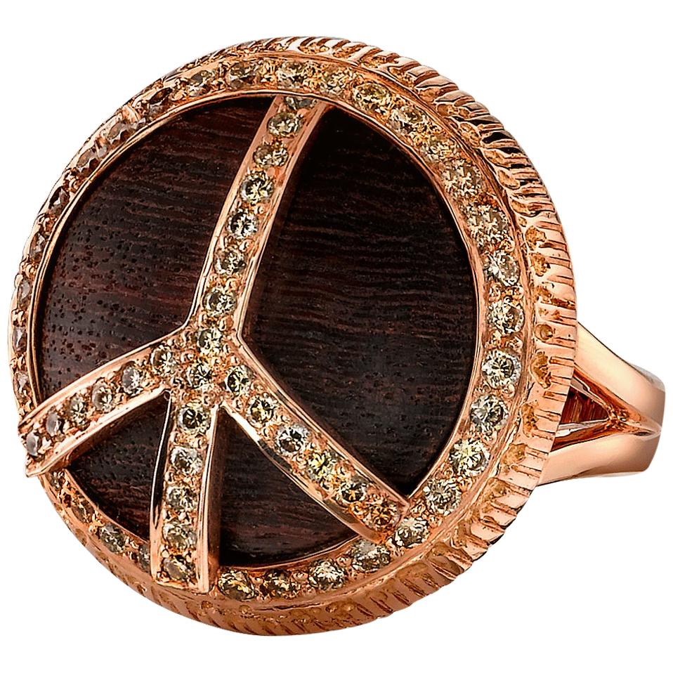 18 Karat Rose Gold, Teak Wood Diamond Peace Ring For Sale