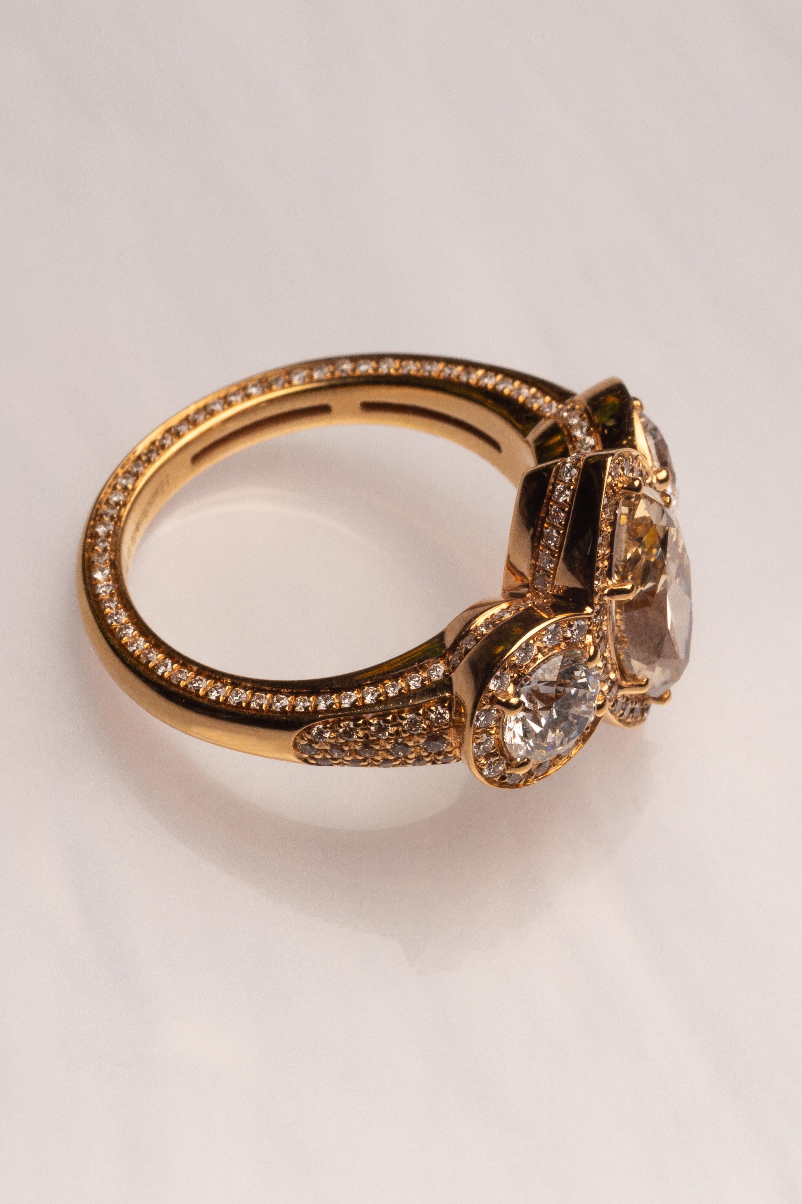 Women's 18 Karat Rose Gold Three Diamonds Cocktail Ring For Sale